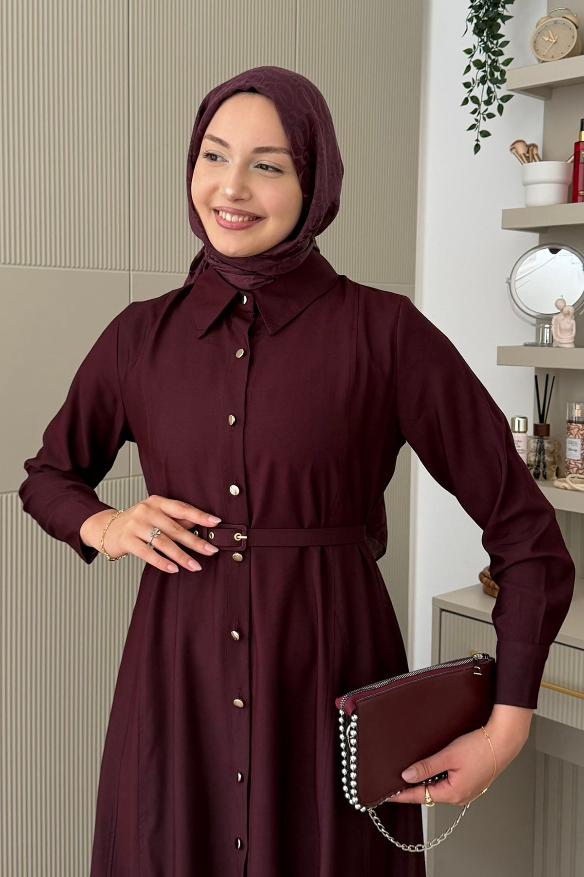 Ön Düğmeli Kemerli Tencel Gömlek Tesettür Elbise-BORDO