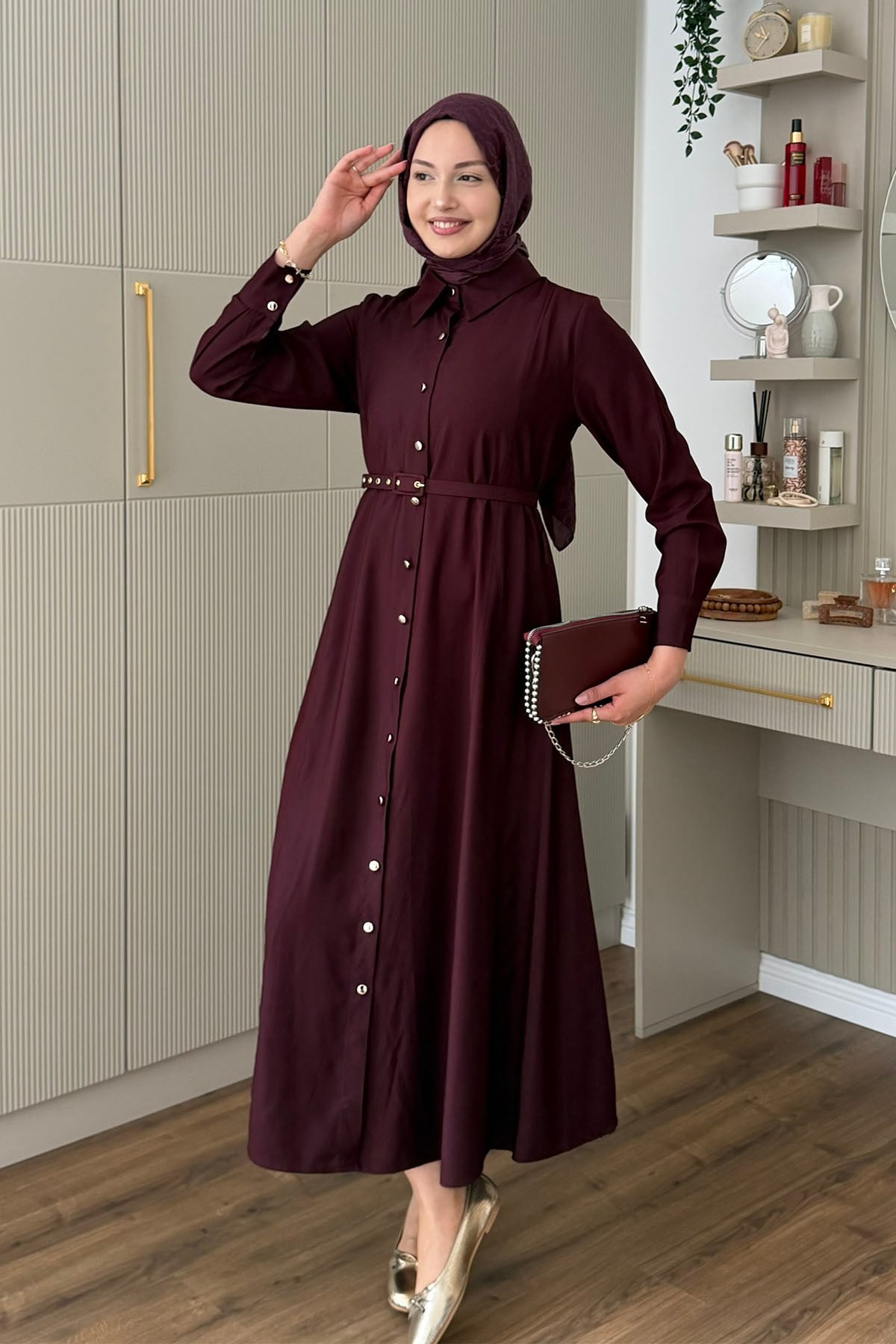 Ön Düğmeli Kemerli Tencel Gömlek Tesettür Elbise-BORDO