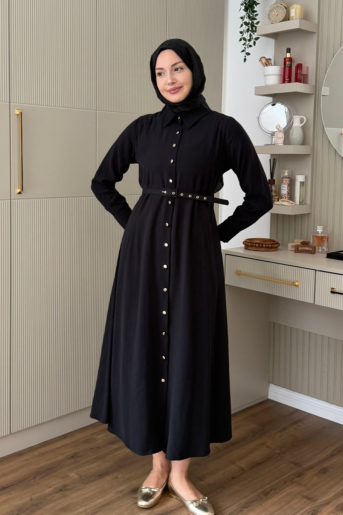 Ön Düğmeli Kemerli Tencel Gömlek Tesettür Elbise-SİYAH