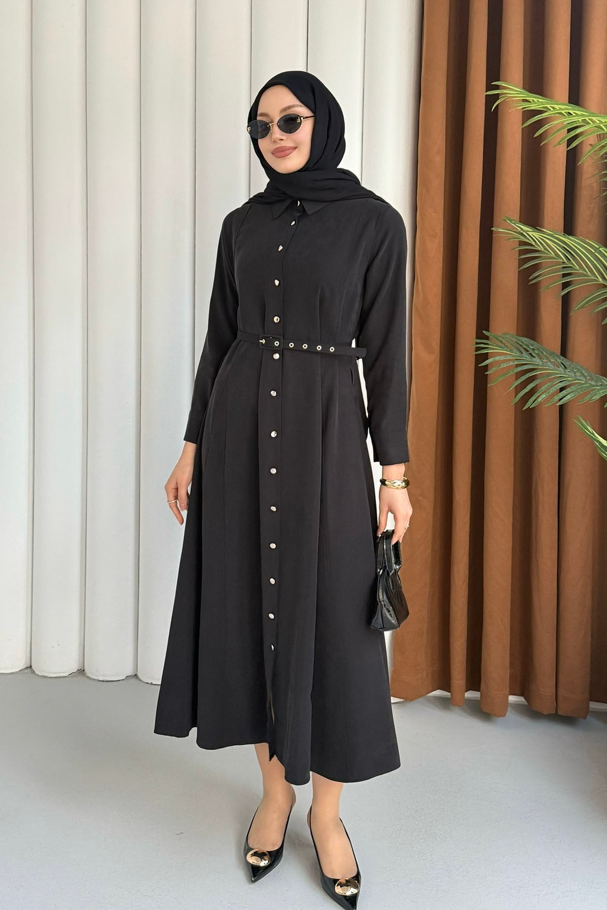 Ön Düğmeli Kemerli Tencel Gömlek Tesettür Elbise-SİYAH
