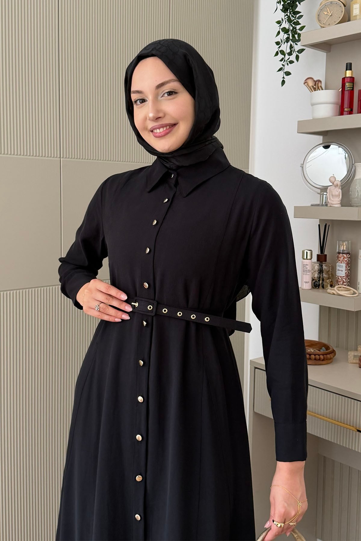 Ön Düğmeli Kemerli Tencel Gömlek Tesettür Elbise-SİYAH