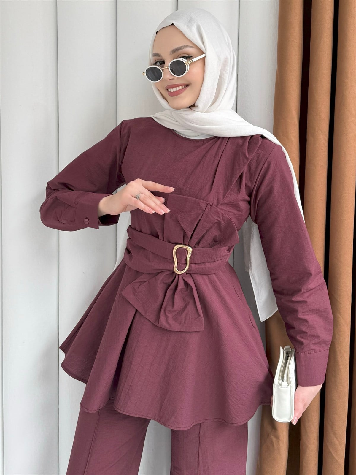 Ön Fiyonk Bağlama Detay Pantolonlu Tesettür Takım-BORDO