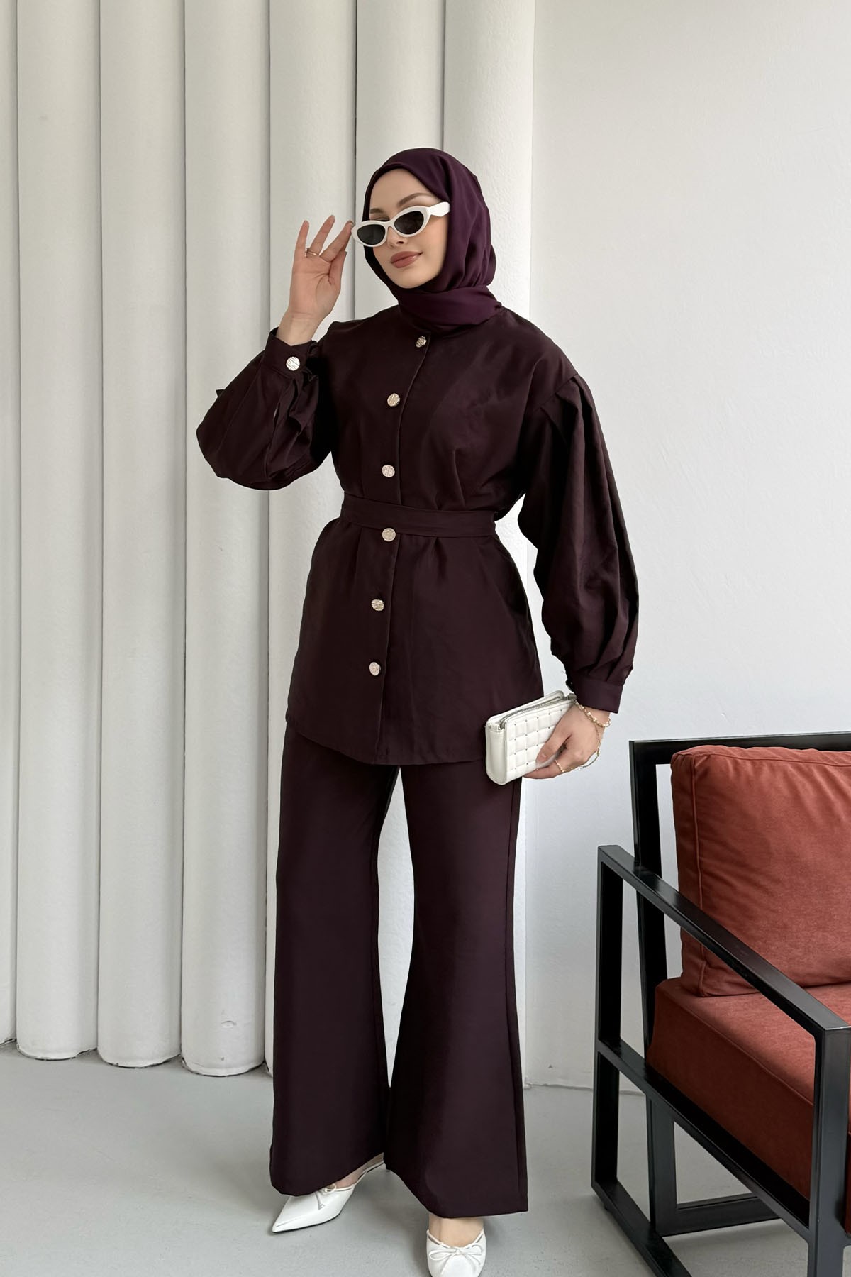Ön Gold Düğme Detaylı Pantolonlu Tesettür Takım-BORDO