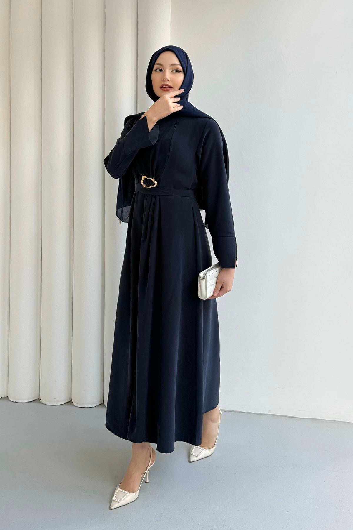 Ön Toka Detaylı Modal Tesettür Elbise-LACİVERT
