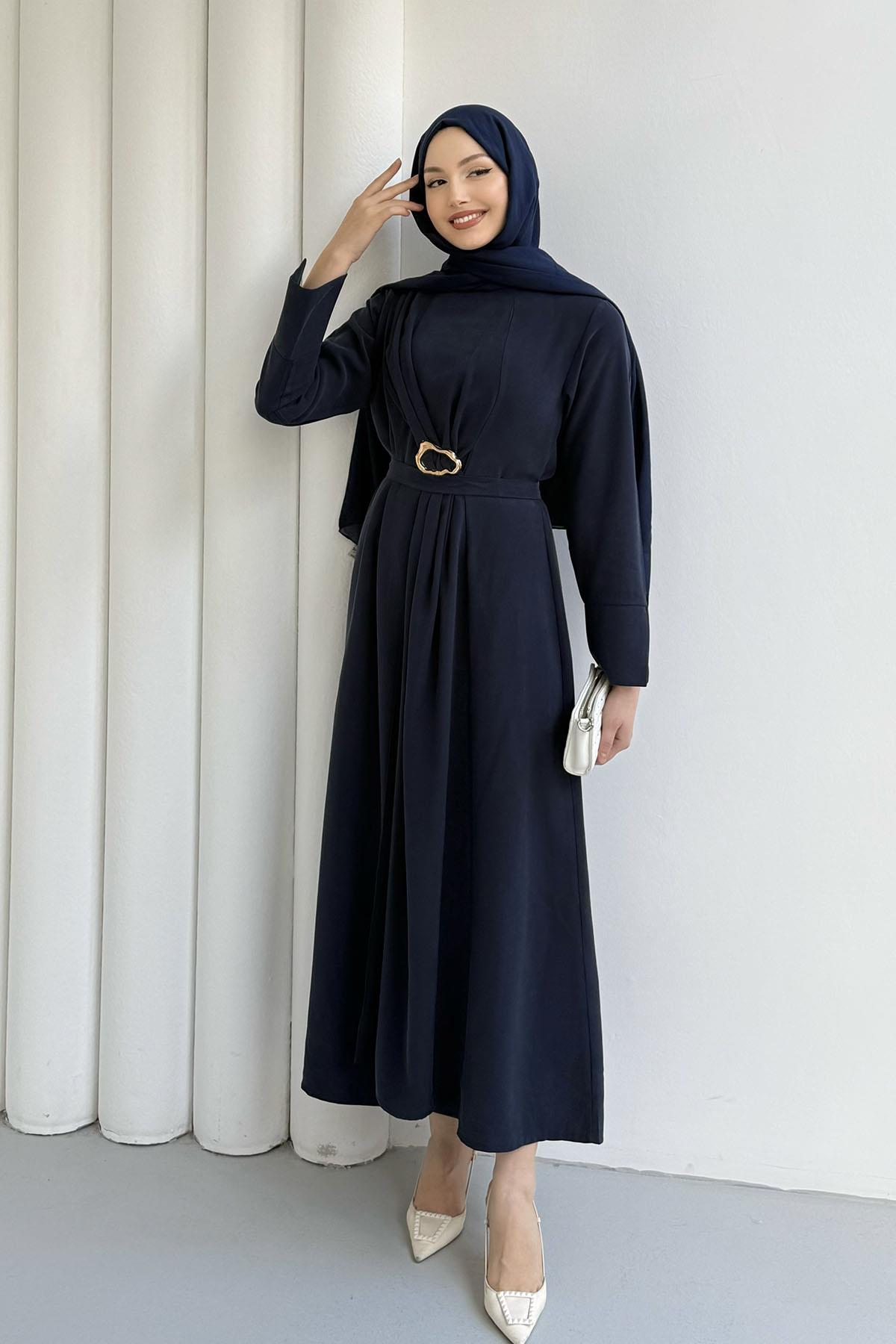 Ön Toka Detaylı Modal Tesettür Elbise-LACİVERT
