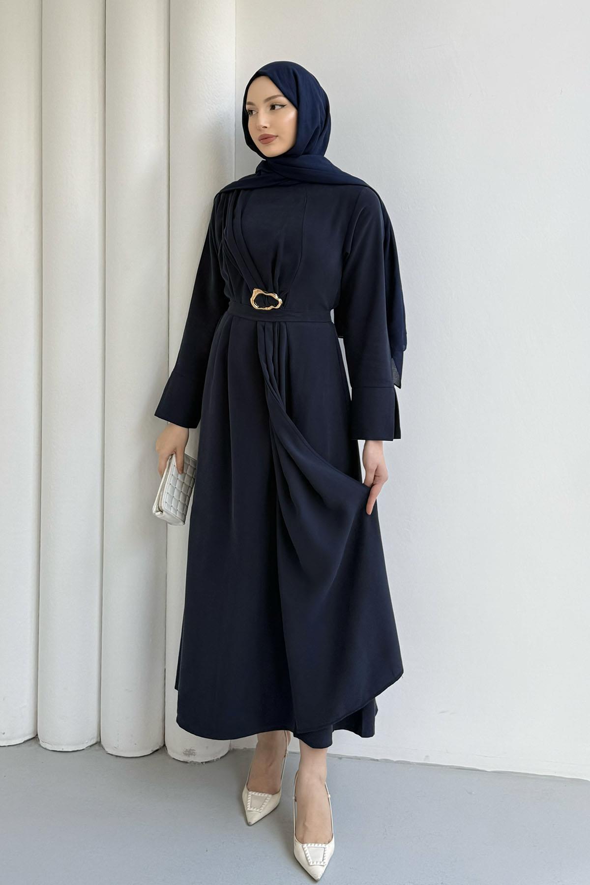 Ön Toka Detaylı Modal Tesettür Elbise-LACİVERT