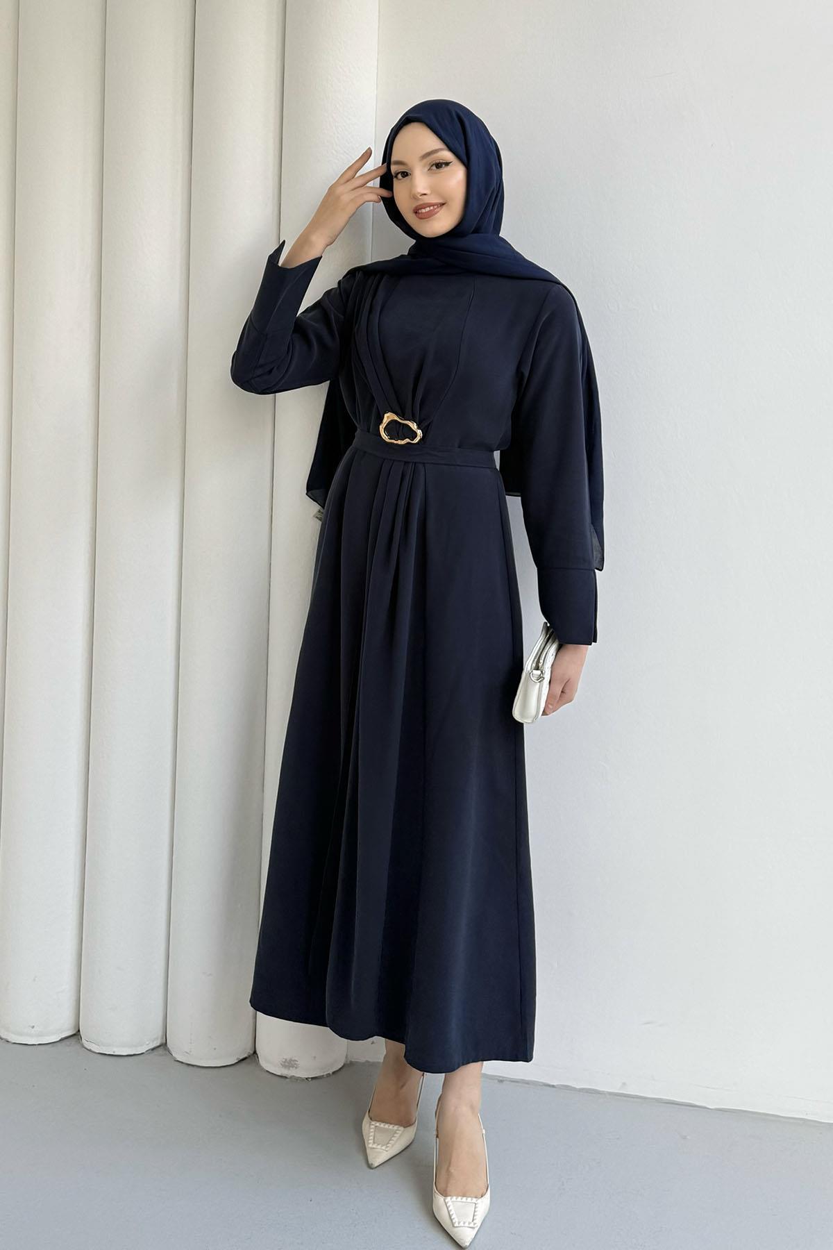 Ön Toka Detaylı Modal Tesettür Elbise-LACİVERT