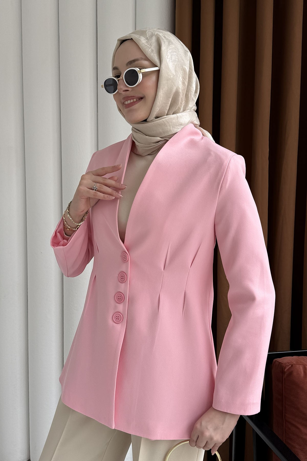 Ön Ve Arka Çift Pensli Yakasız Ceket-PEMBE