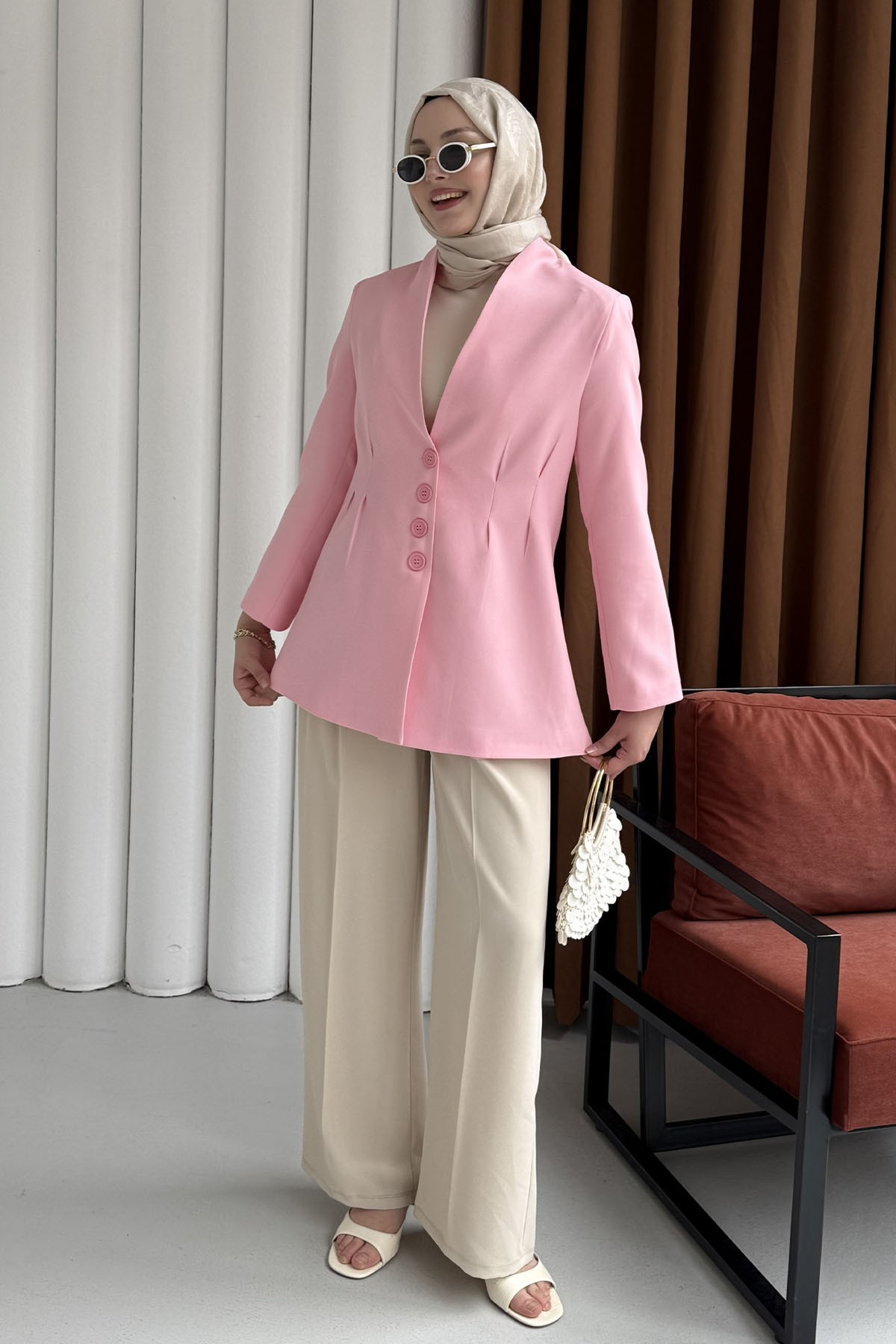 Ön Ve Arka Çift Pensli Yakasız Ceket-PEMBE