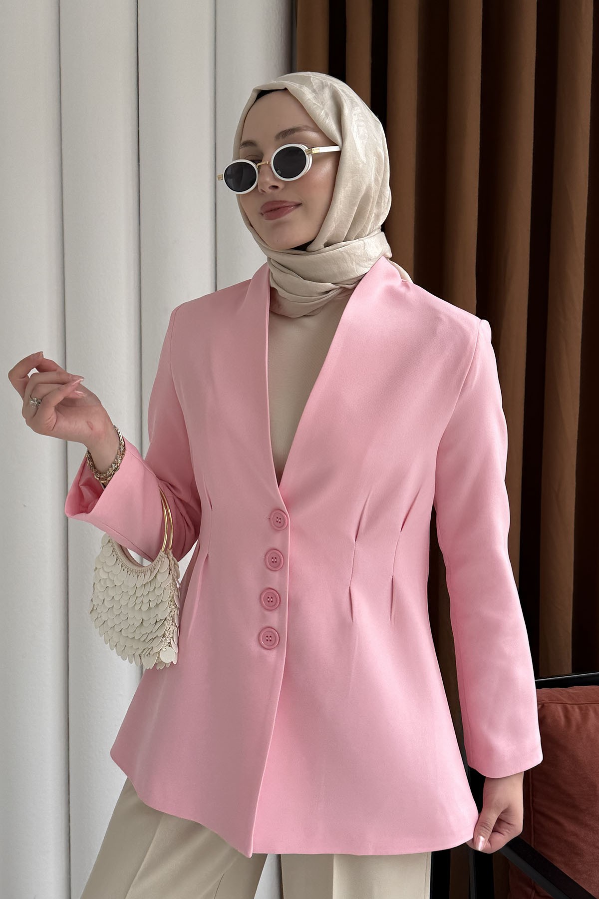 Ön Ve Arka Çift Pensli Yakasız Ceket-PEMBE