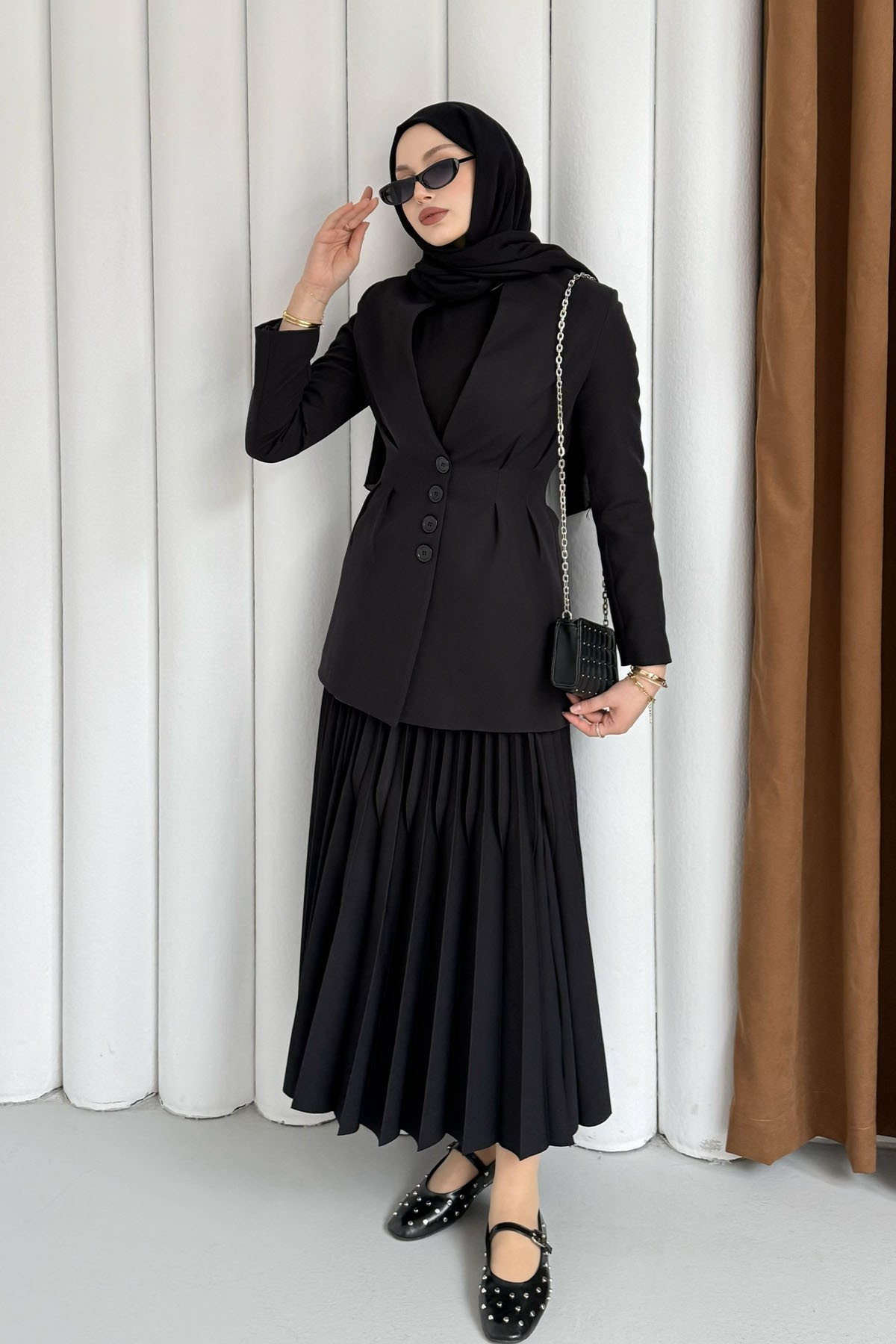 Ön Ve Arka Çift Pensli Yakasız Ceket-SİYAH