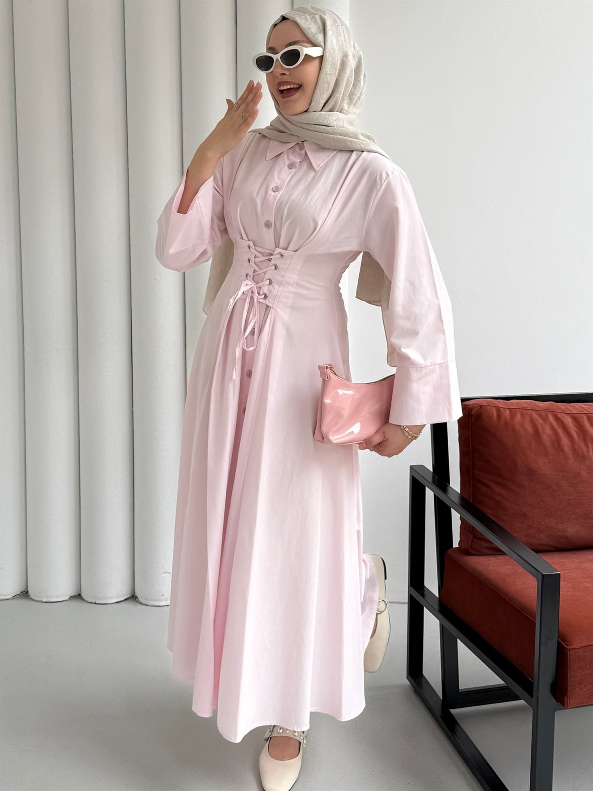 Önden Bağçıklı Korsaj Detay Gömlek Elbise-PEMBE