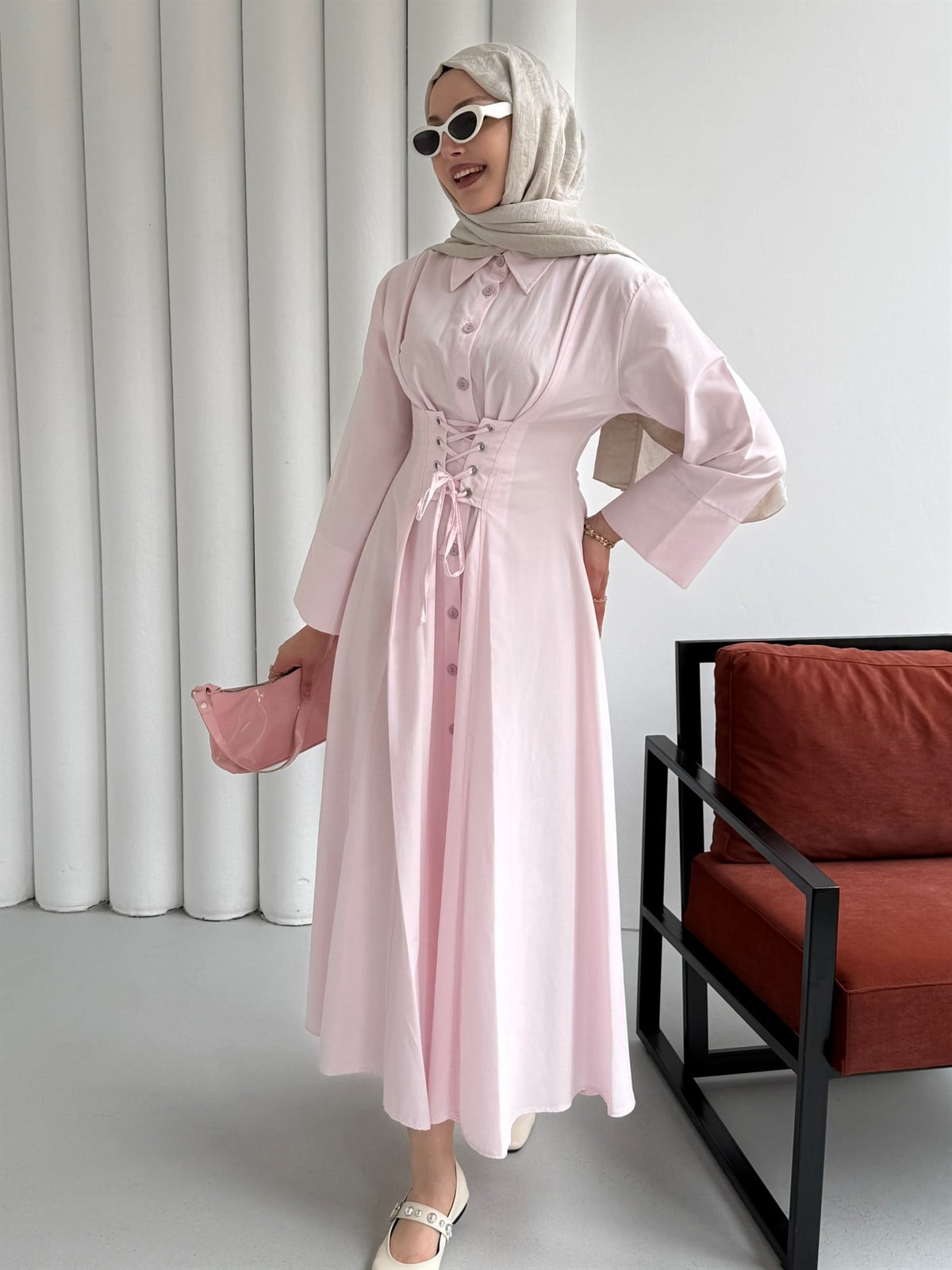 Önden Bağçıklı Korsaj Detay Gömlek Elbise-PEMBE