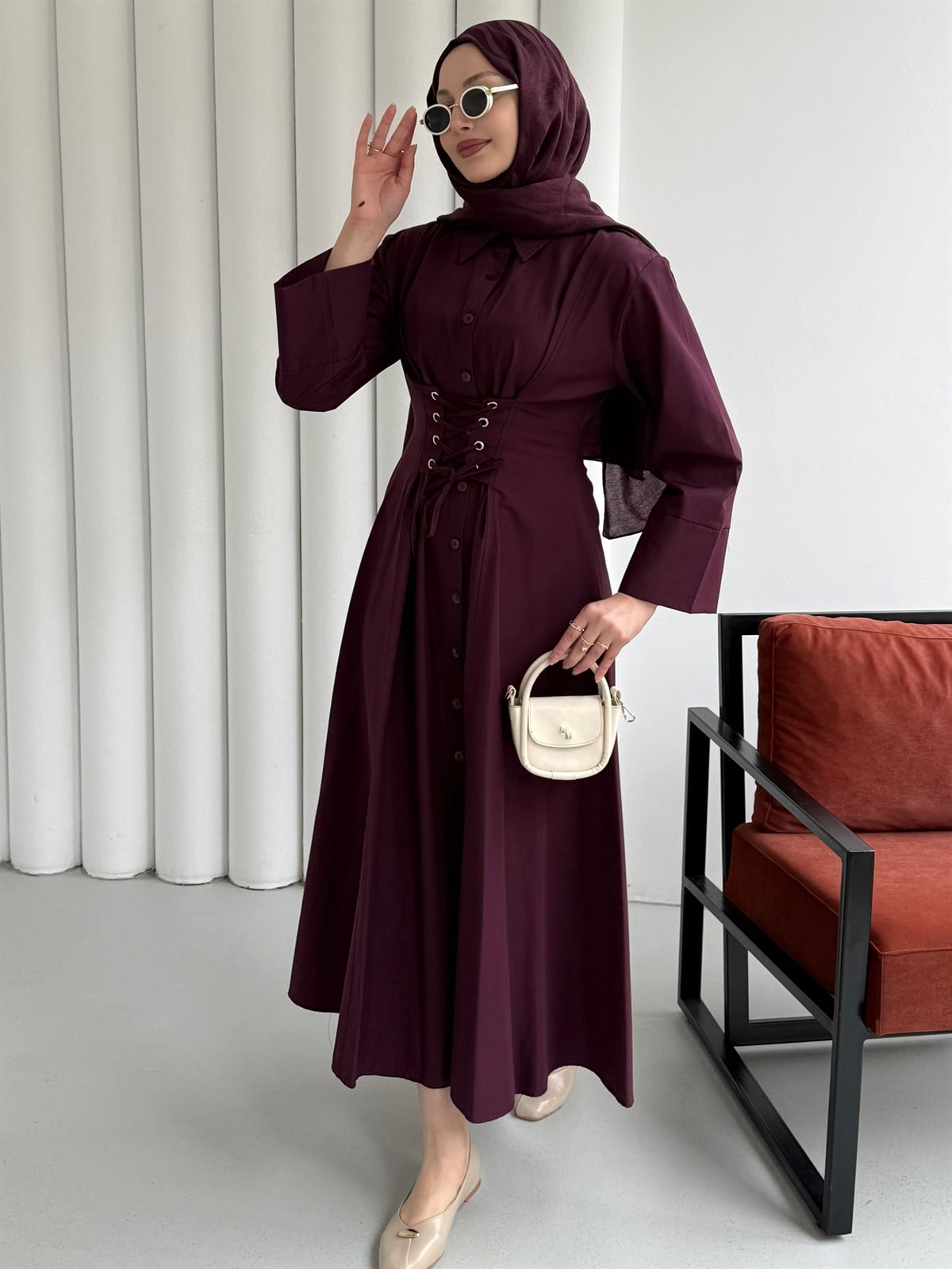 Önden Bağçıklı Korsaj Detay Gömlek Elbise-BORDO