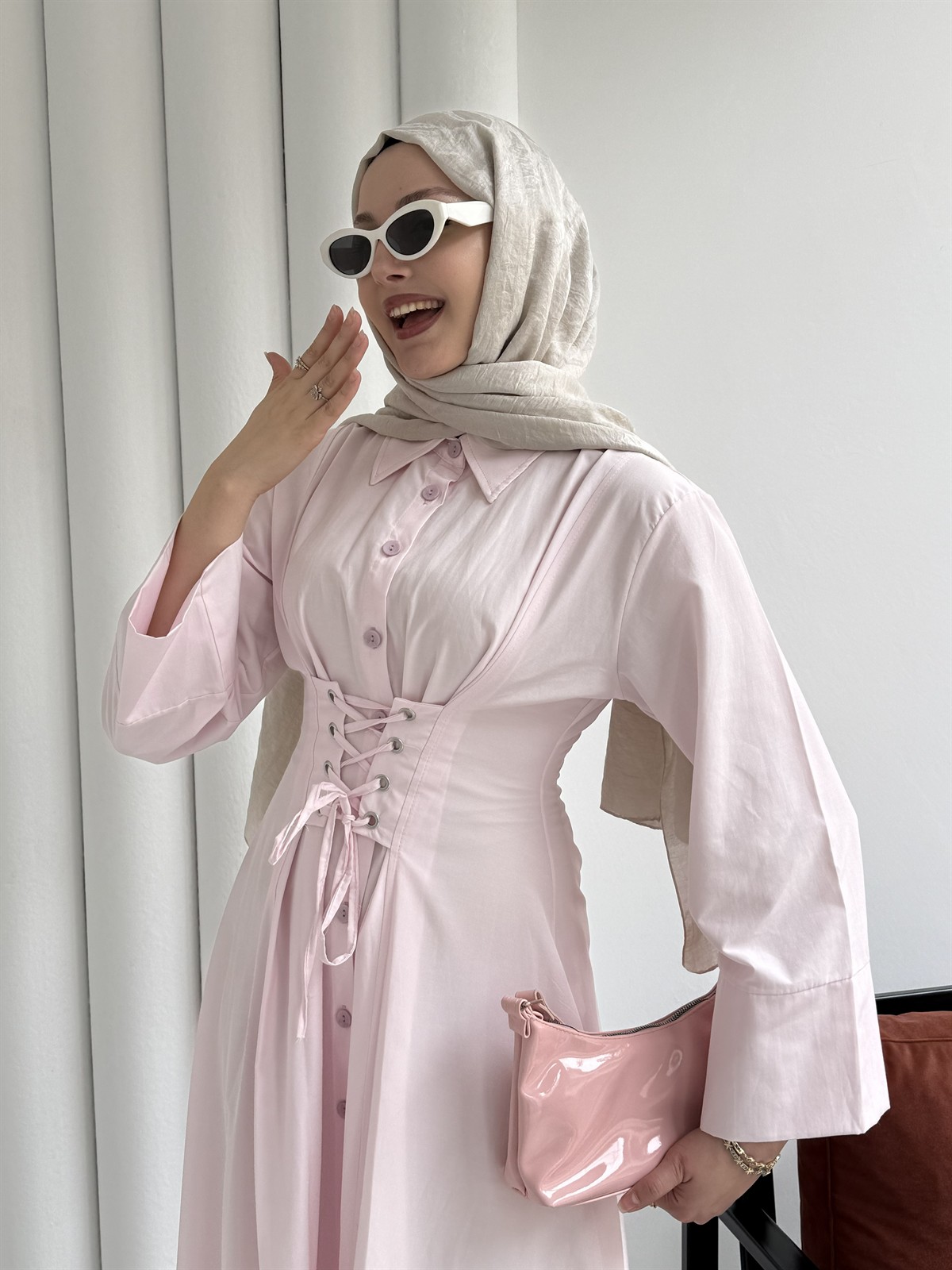 Önden Bağçıklı Korsaj Detay Gömlek Elbise-PEMBE