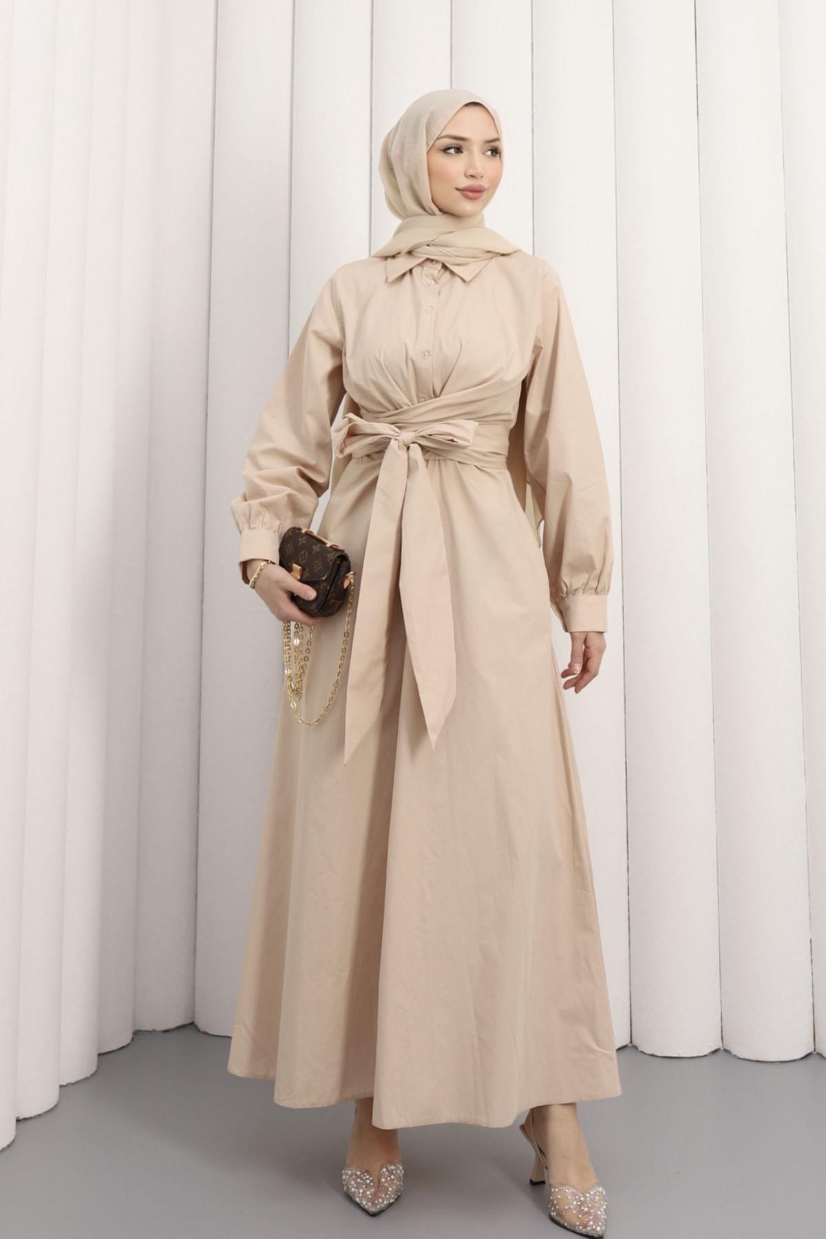 Önden Bağlamalı Poplin Tesettür Elbise-TAŞ