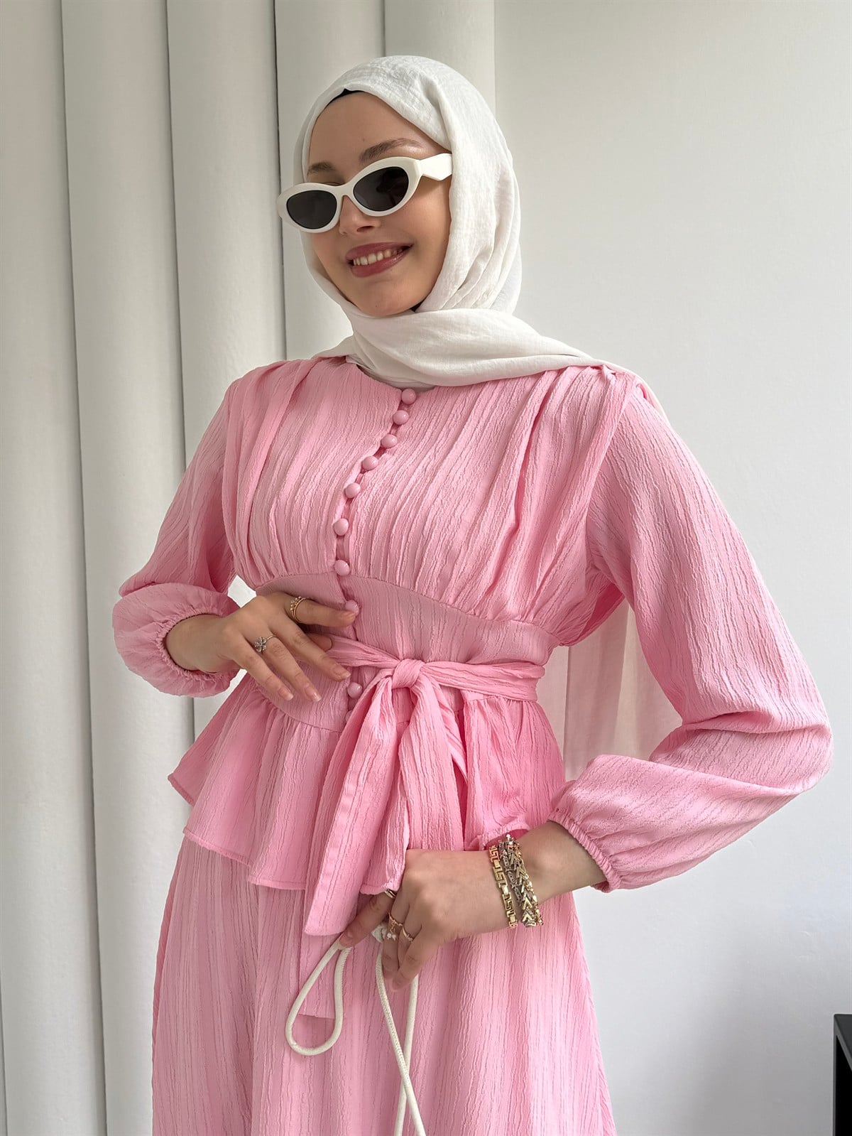 Önü Düğmeli Beli Pensli Etekli Tesettür İkili Takım-PEMBE