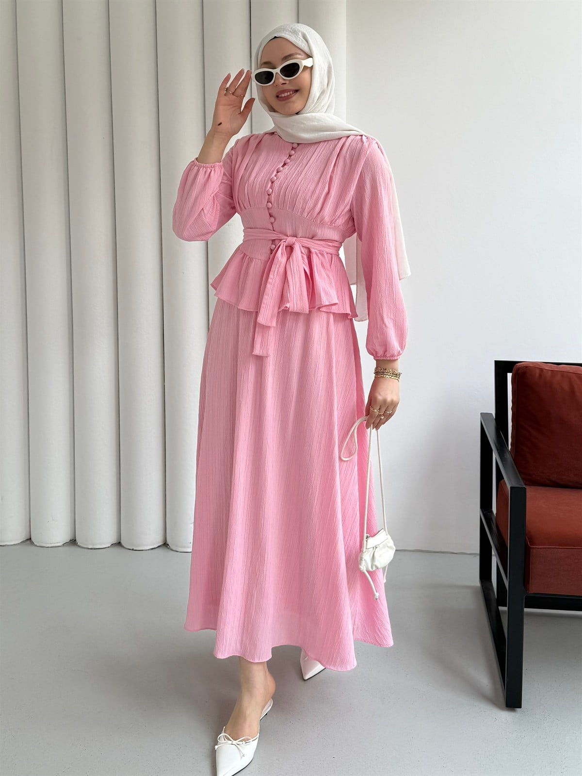Önü Düğmeli Beli Pensli Etekli Tesettür İkili Takım-PEMBE