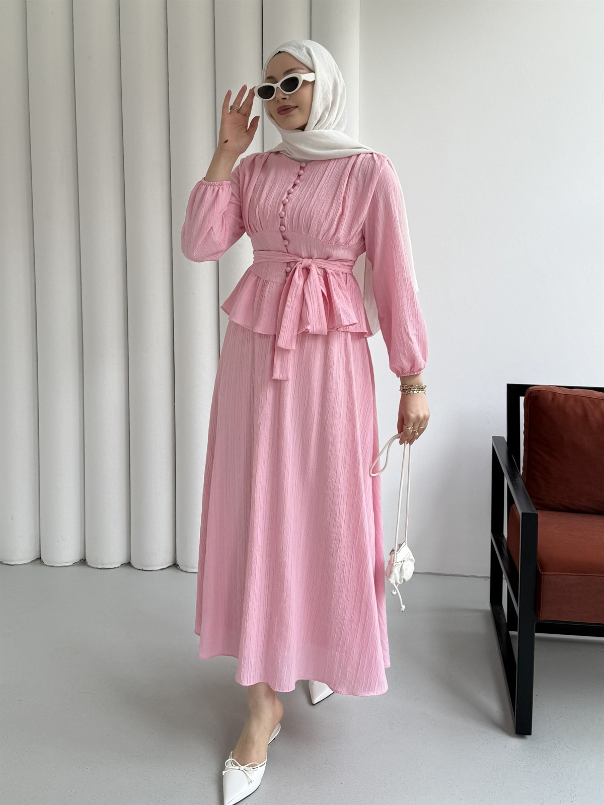 Önü Düğmeli Beli Pensli Etekli Tesettür İkili Takım-PEMBE