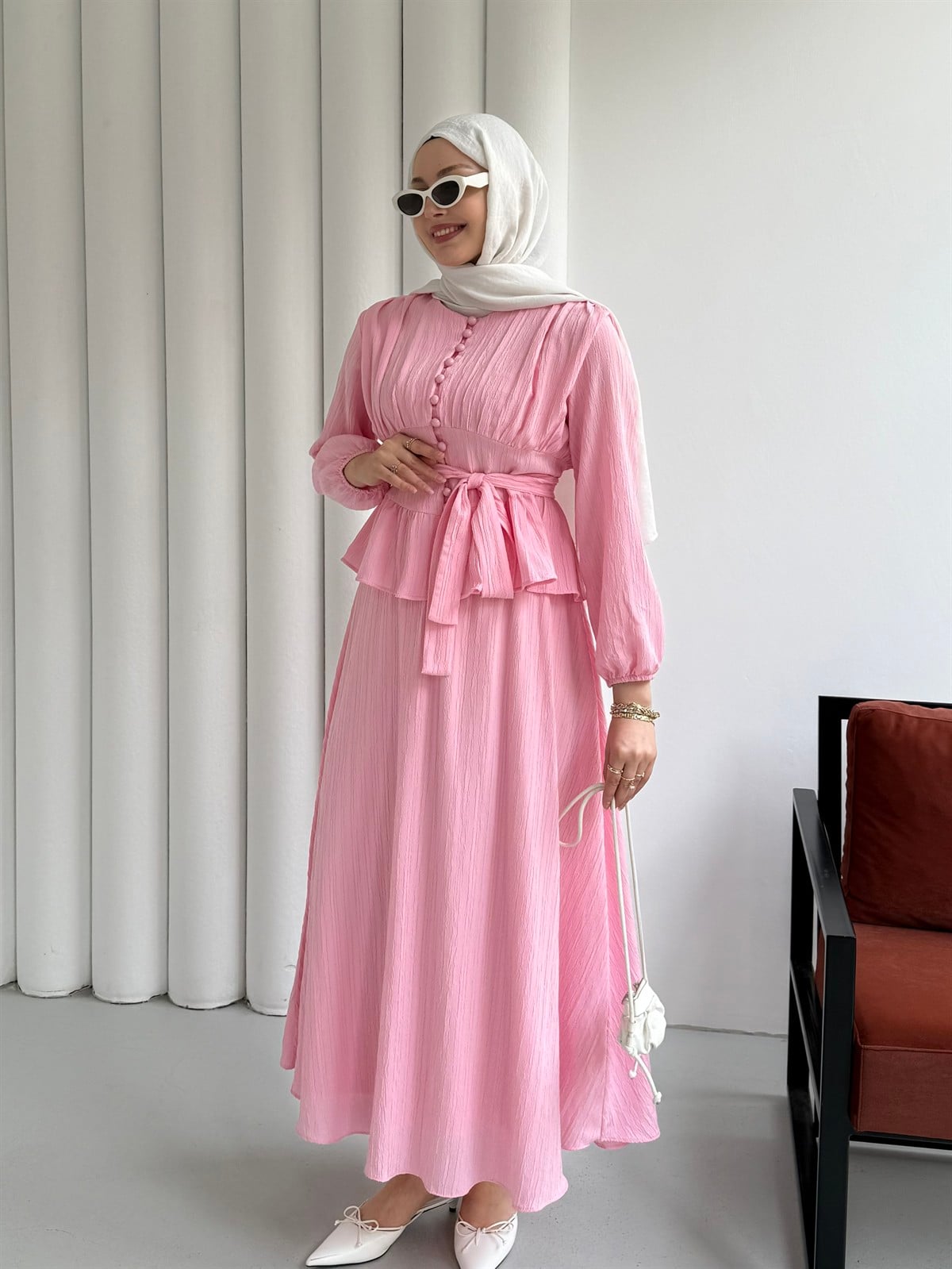 Önü Düğmeli Beli Pensli Etekli Tesettür İkili Takım-PEMBE