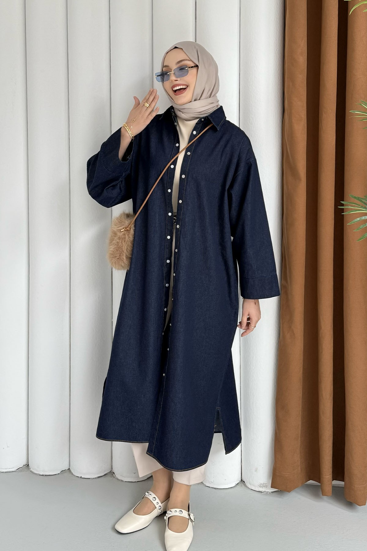 Önü Düğmeli Denim Tesettür Kap-KOYU MAVİ