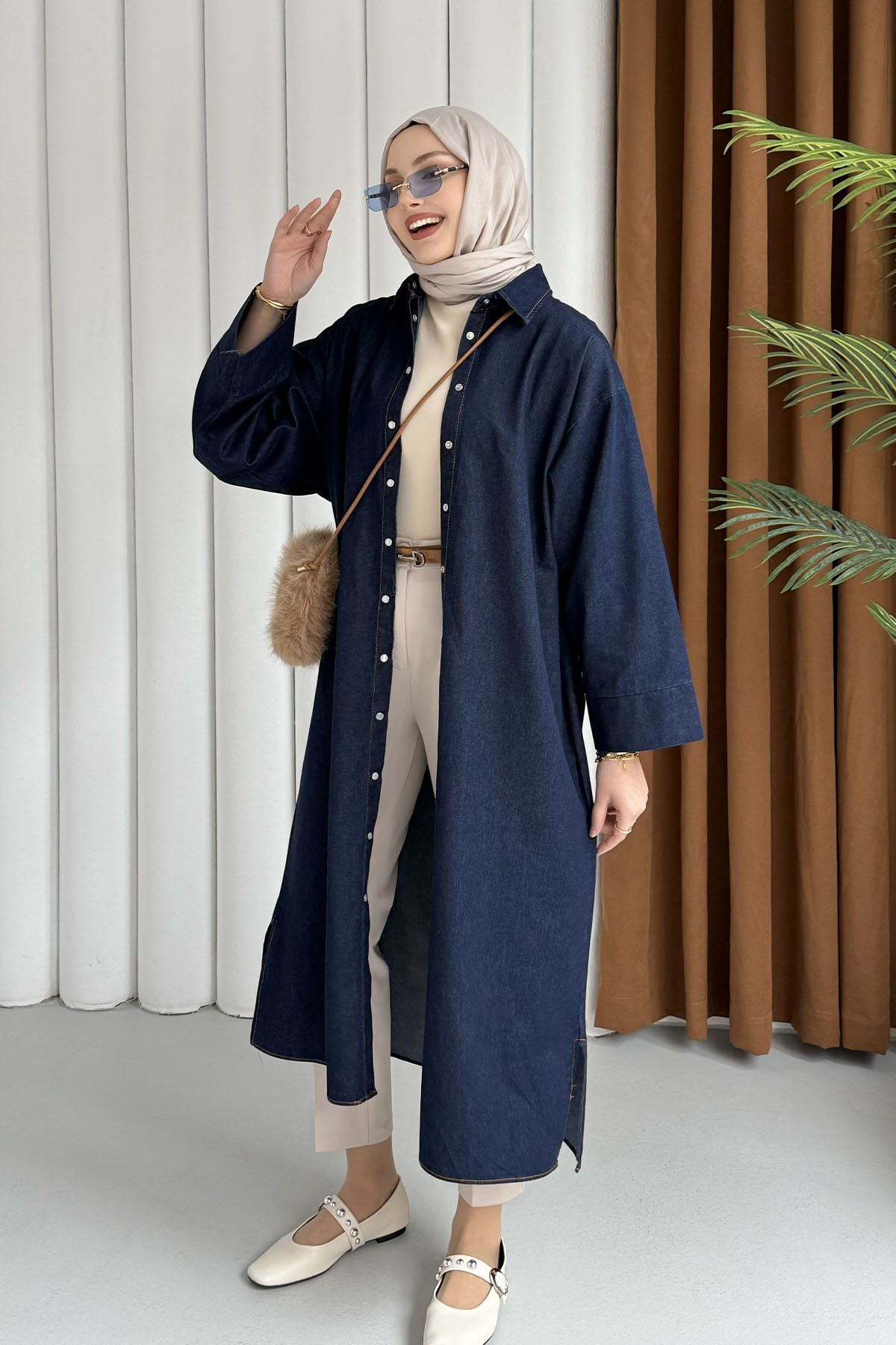 Önü Düğmeli Denim Tesettür Kap-KOYU MAVİ