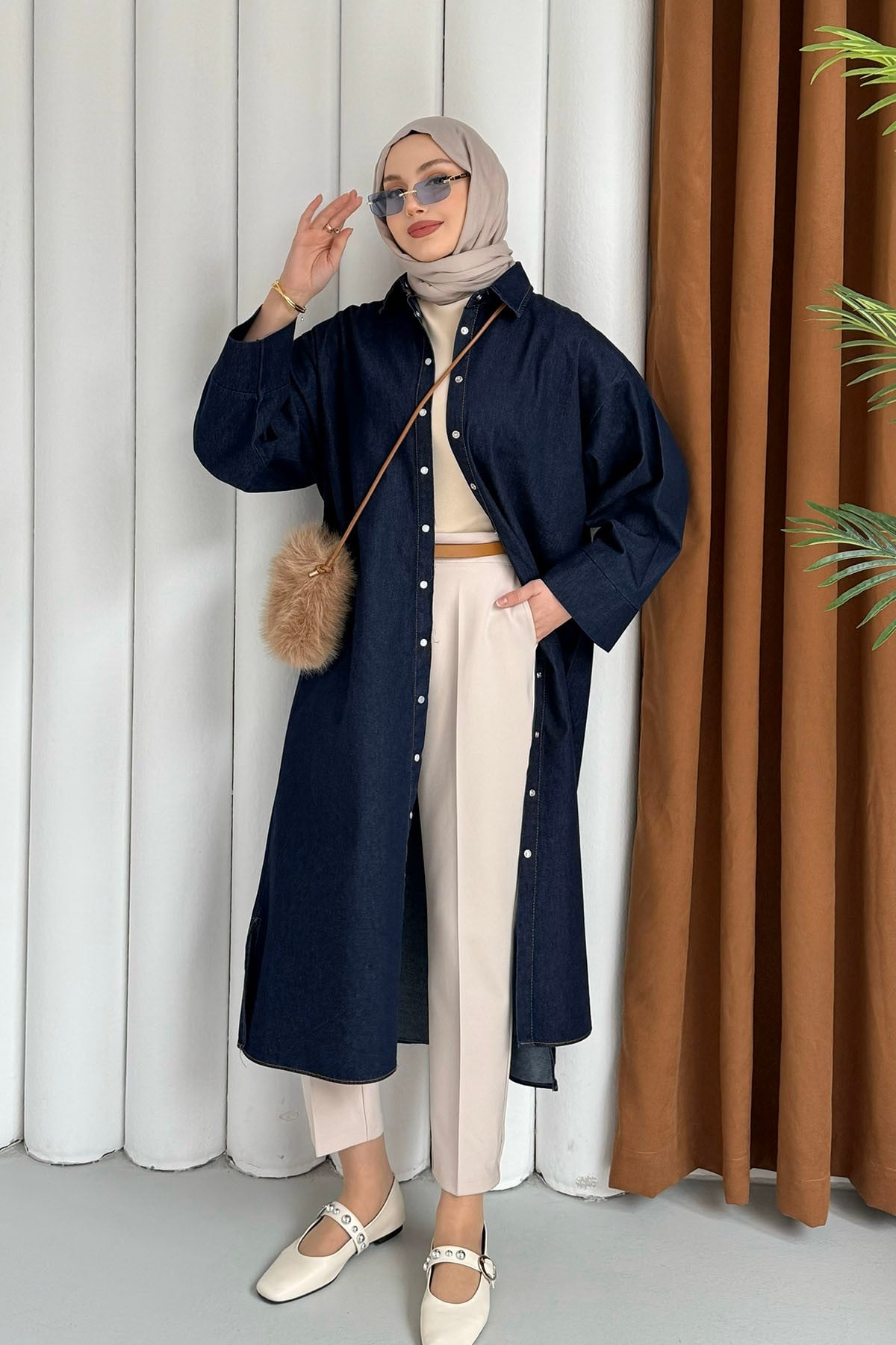 Önü Düğmeli Denim Tesettür Kap-KOYU MAVİ