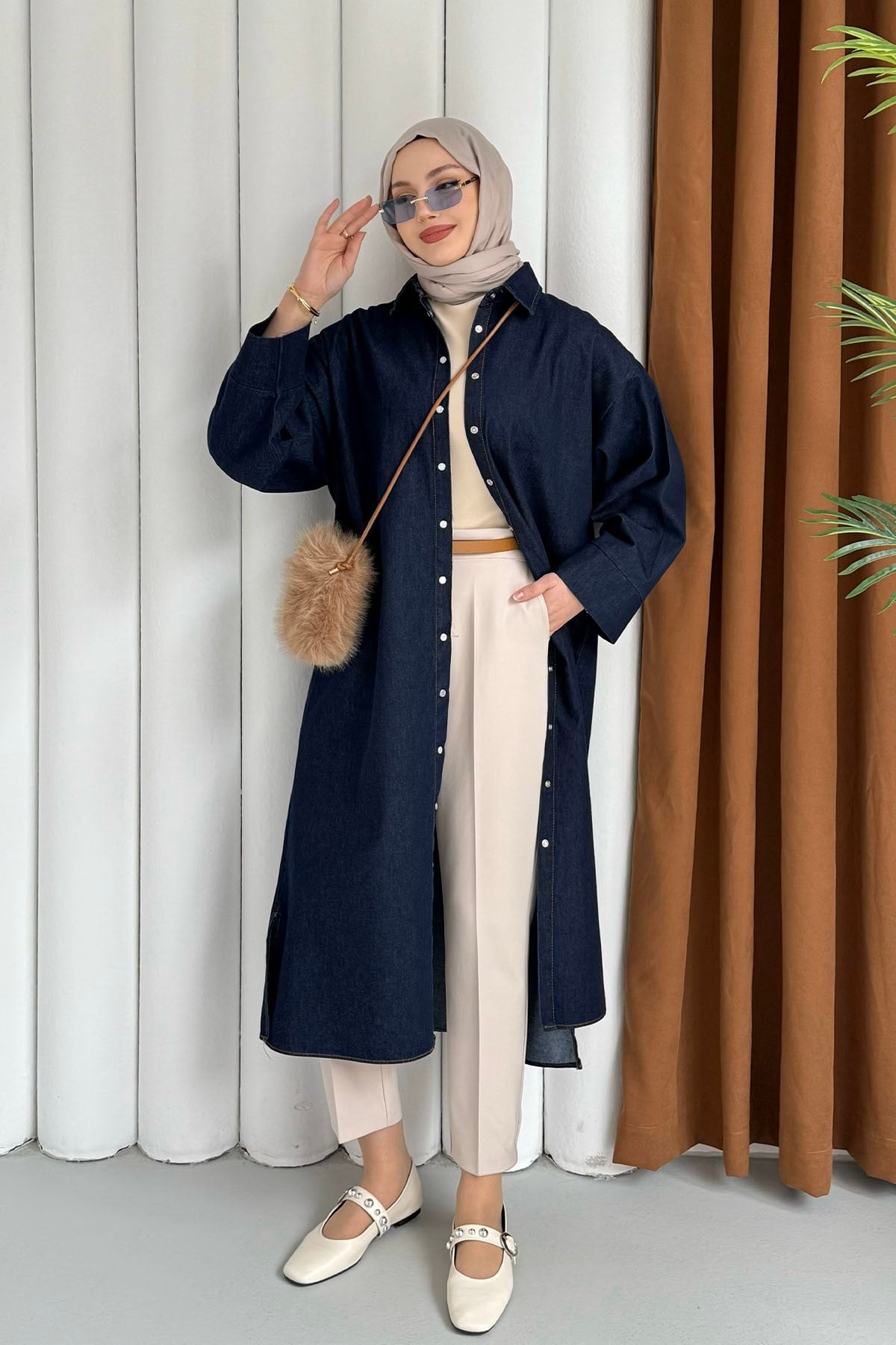 Önü Düğmeli Denim Tesettür Kap-KOYU MAVİ
