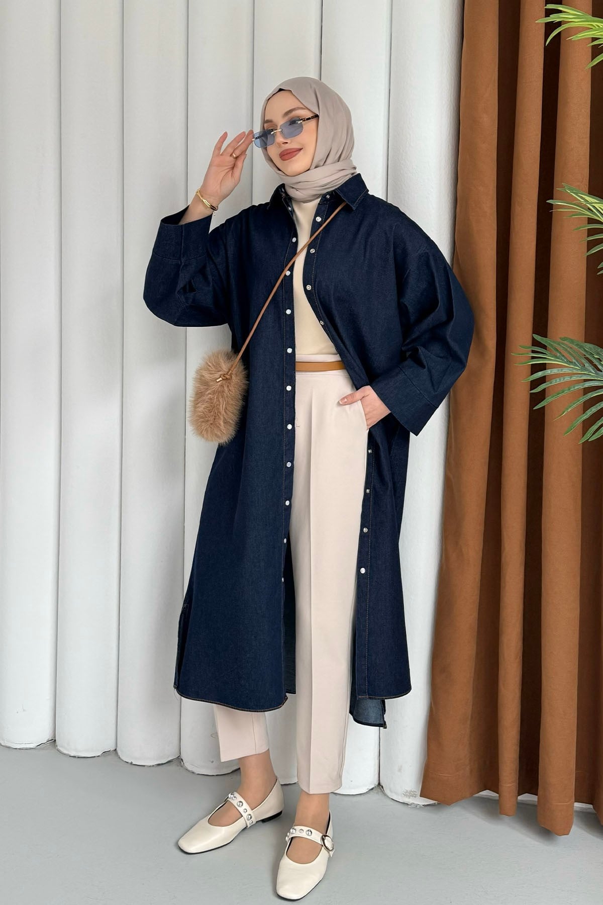 Önü Düğmeli Denim Tesettür Kap-KOYU MAVİ