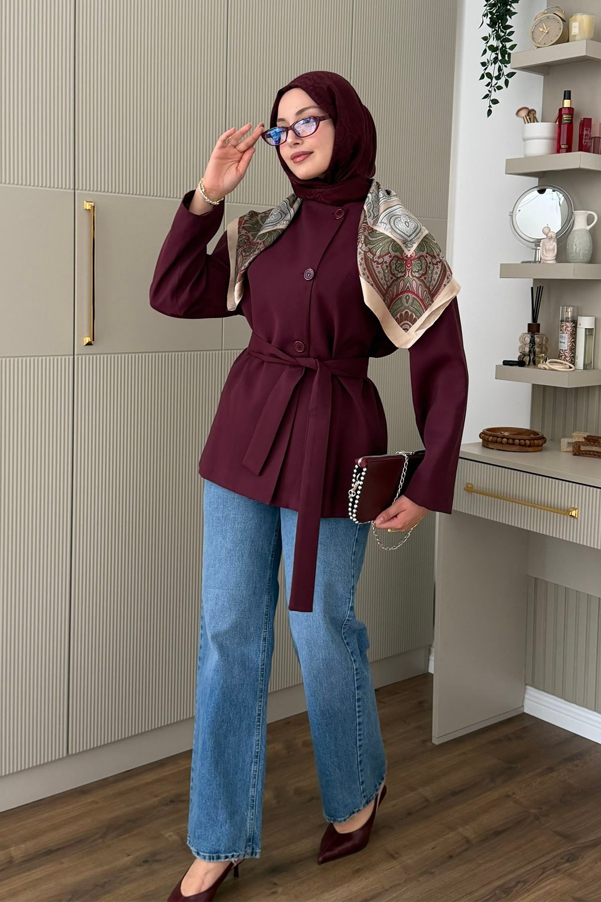 Önü Düğmeli Seyyar Kuşaklı Ceket-BORDO