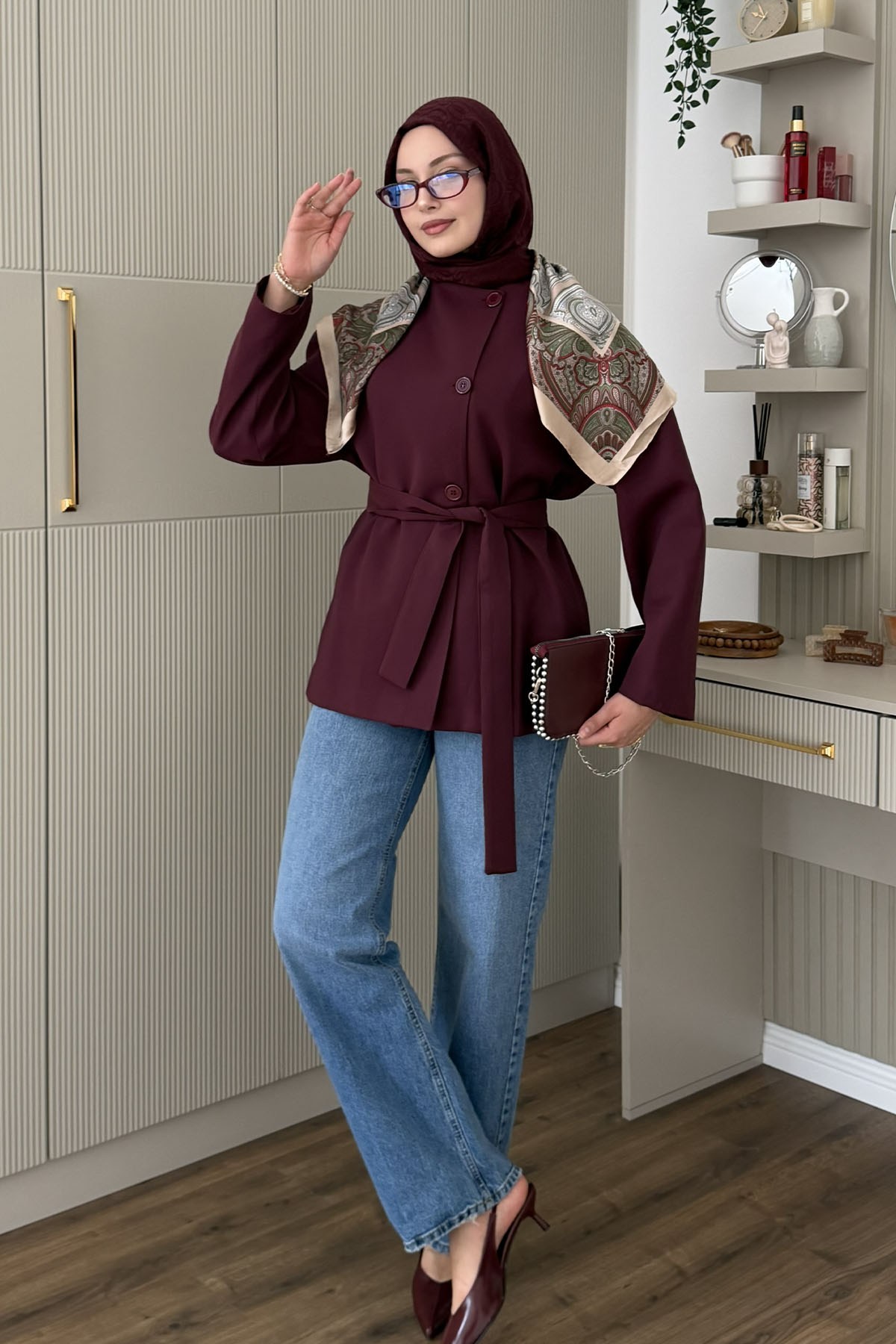 Önü Düğmeli Seyyar Kuşaklı Ceket-BORDO