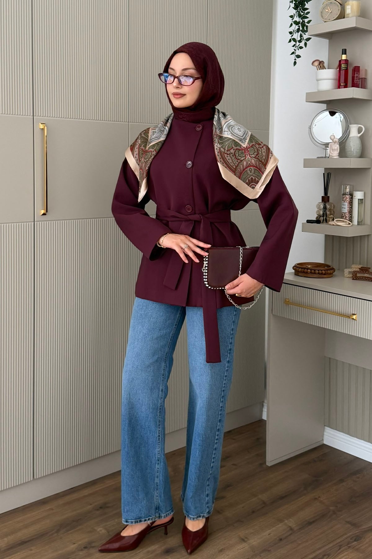 Önü Düğmeli Seyyar Kuşaklı Ceket-BORDO