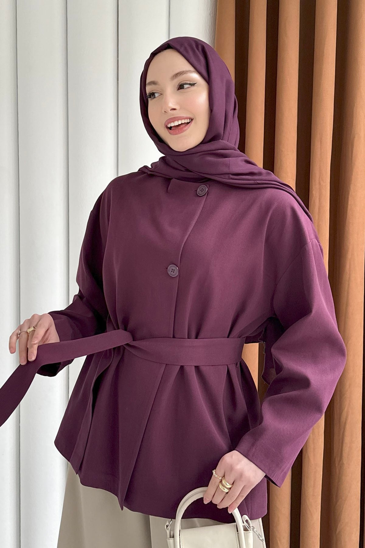 Önü Düğmeli Seyyar Kuşaklı Ceket-BORDO