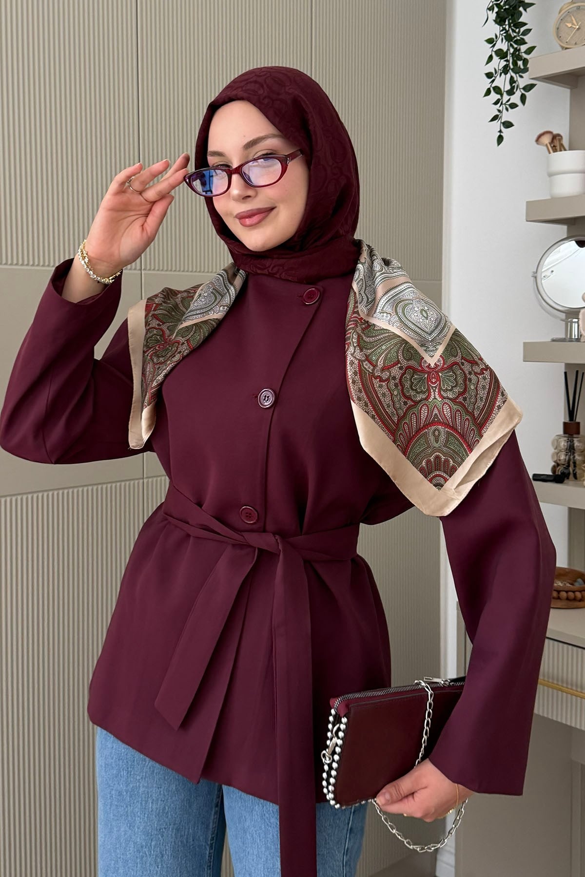 Önü Düğmeli Seyyar Kuşaklı Ceket-BORDO