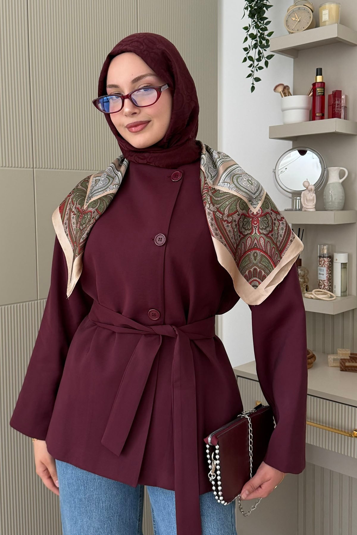 Önü Düğmeli Seyyar Kuşaklı Ceket-BORDO