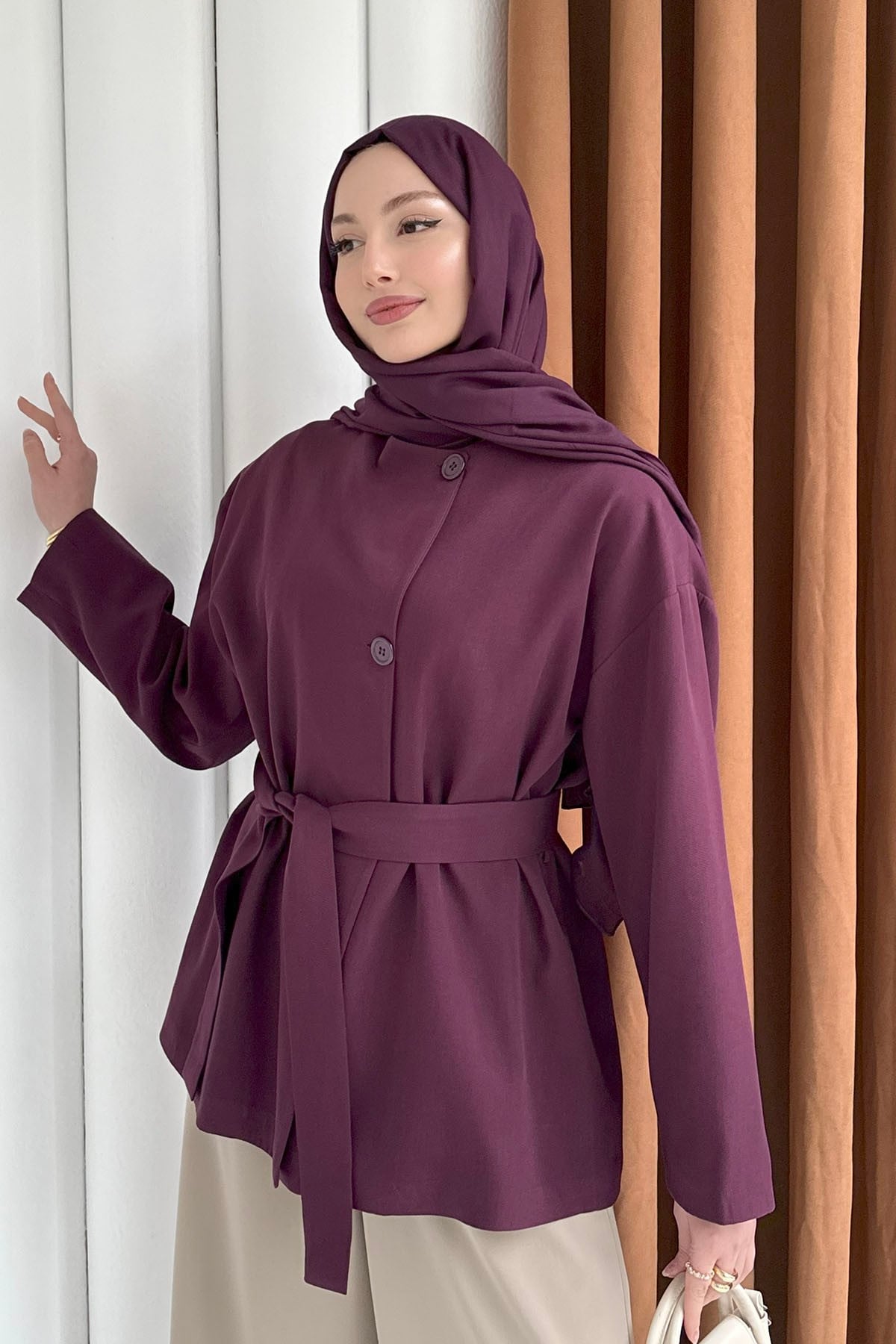 Önü Düğmeli Seyyar Kuşaklı Ceket-BORDO