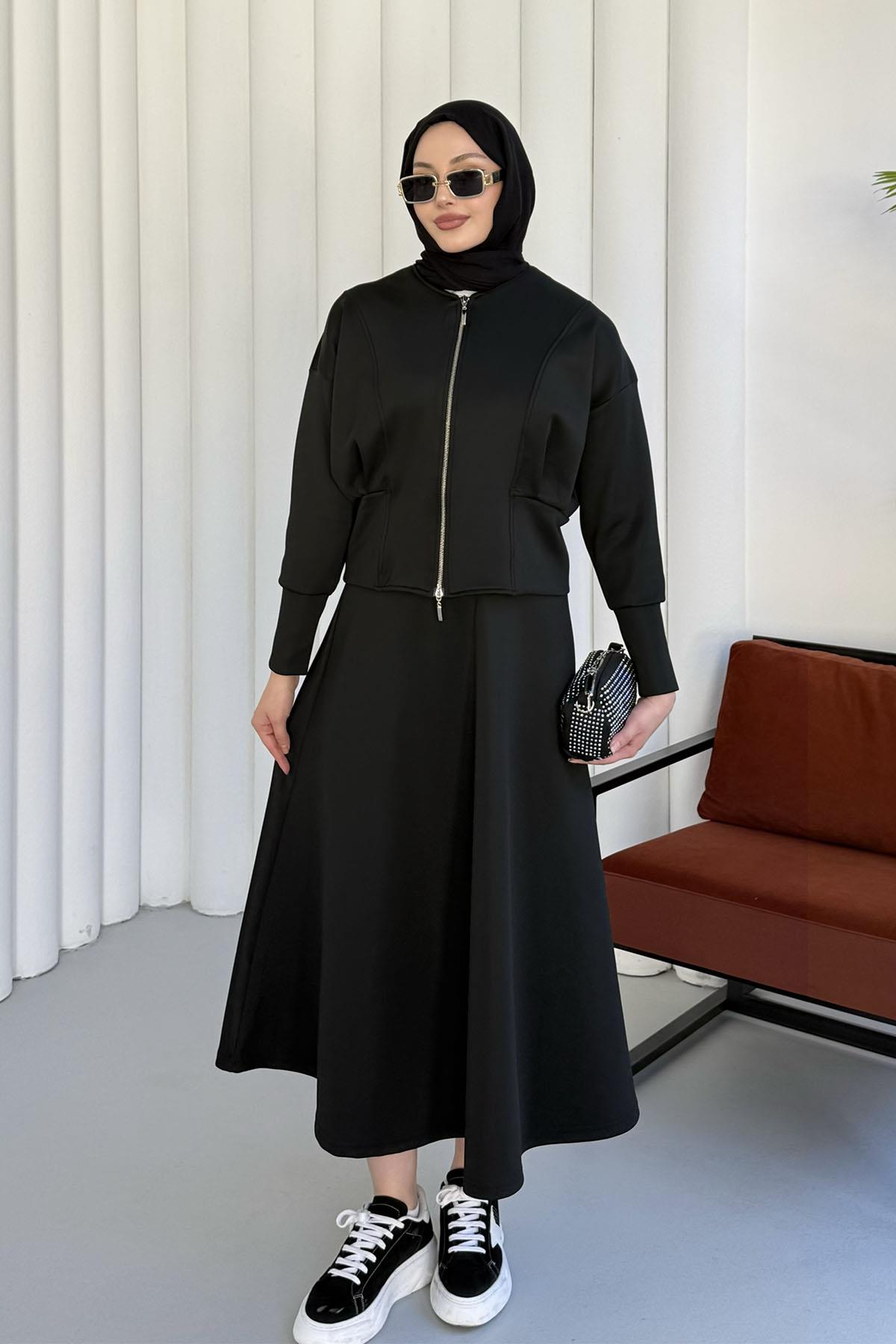 Önü Fermuarlı Sucuba Kumaş Etekli Tesettür Takım-SİYAH