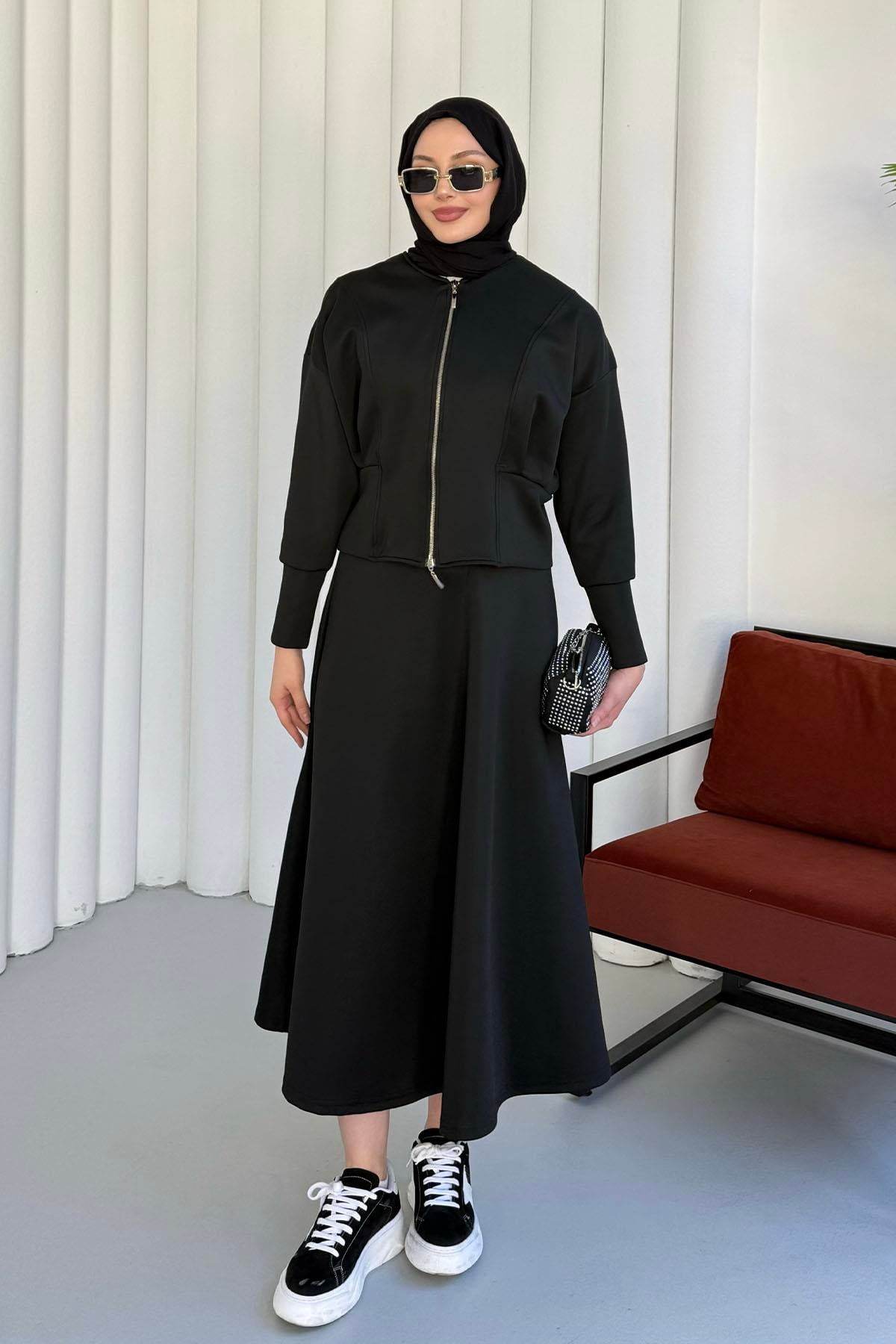 Önü Fermuarlı Sucuba Kumaş Etekli Tesettür Takım-SİYAH