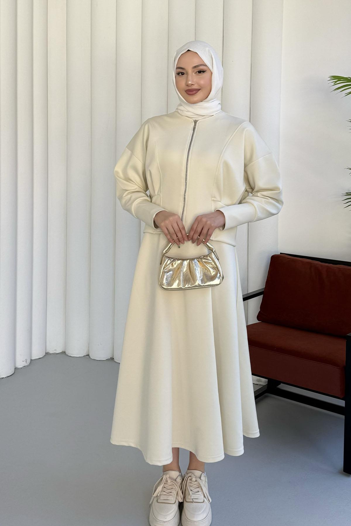 Önü Fermuarlı Sucuba Kumaş Etekli Tesettür Takım-EKRU
