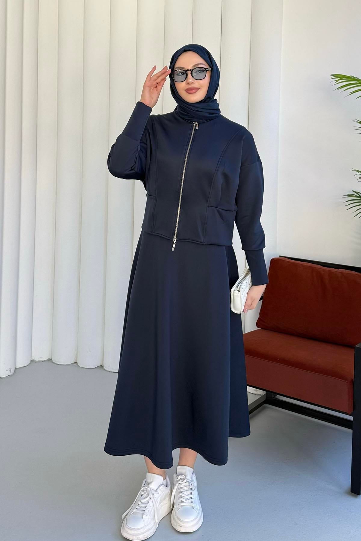 Önü Fermuarlı Sucuba Kumaş Etekli Tesettür Takım-LACİVERT