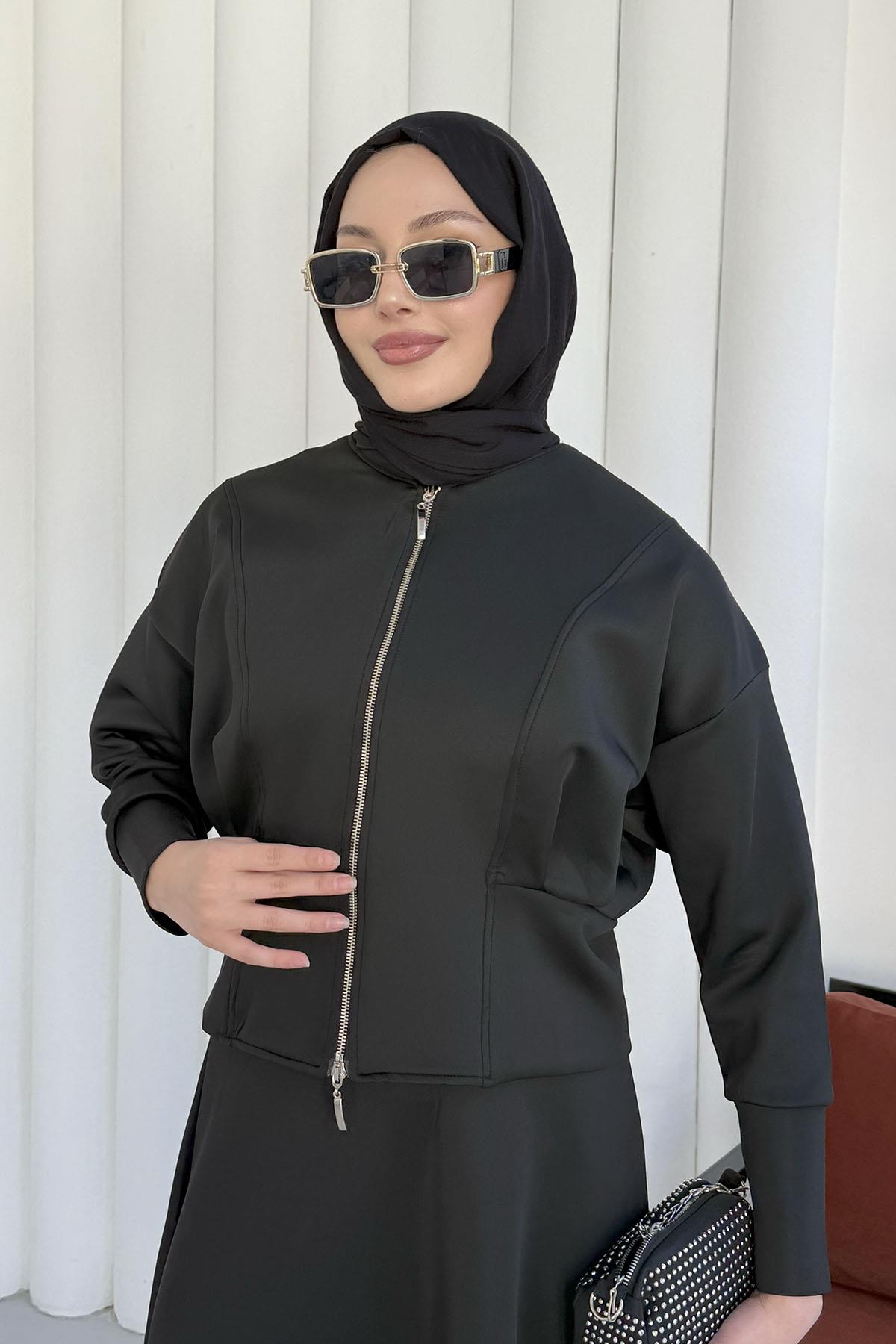 Önü Fermuarlı Sucuba Kumaş Etekli Tesettür Takım-SİYAH