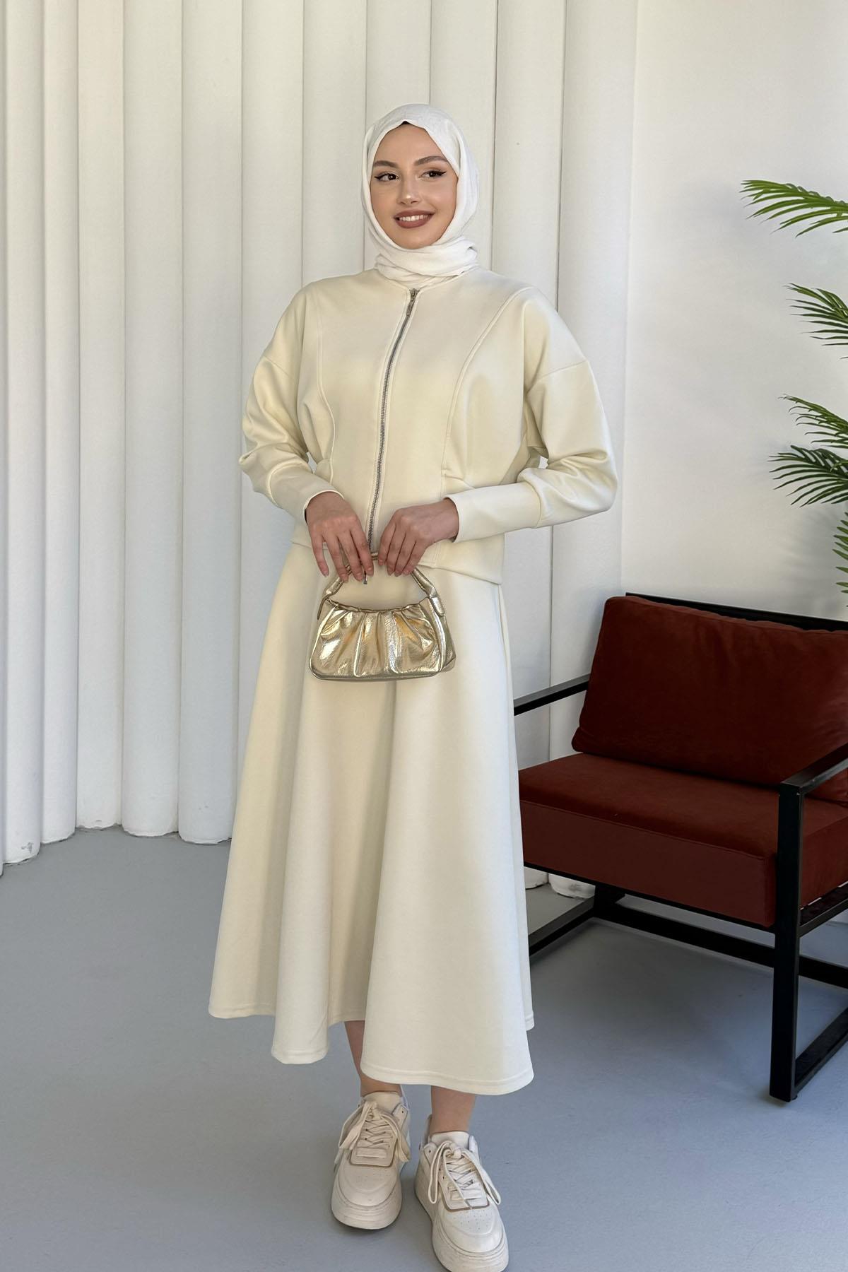 Önü Fermuarlı Sucuba Kumaş Etekli Tesettür Takım-EKRU