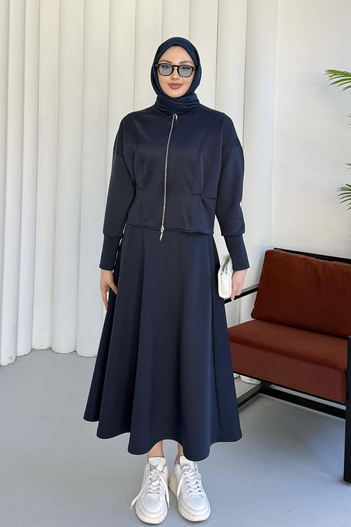 Önü Fermuarlı Sucuba Kumaş Etekli Tesettür Takım-LACİVERT