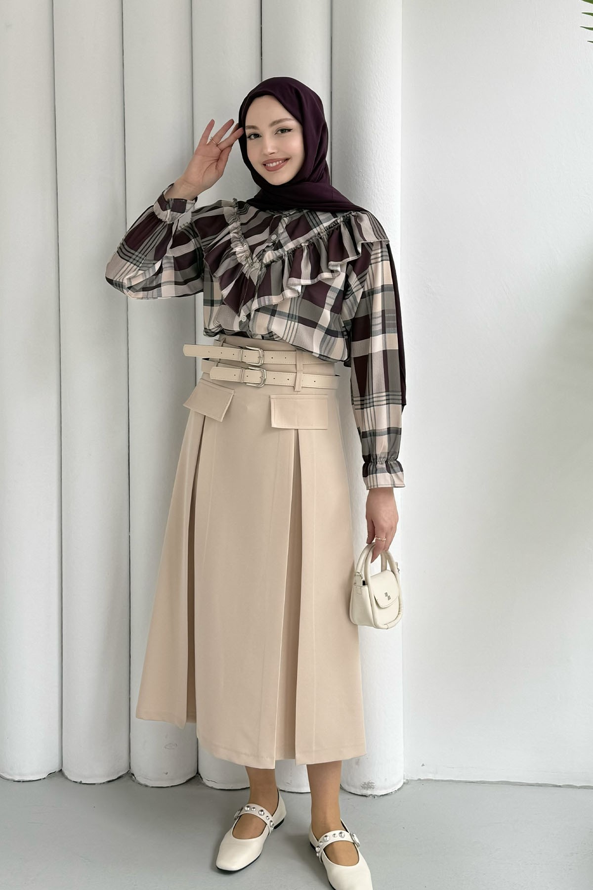 Önü Fırfırlı Desenli Gömlek-BORDO