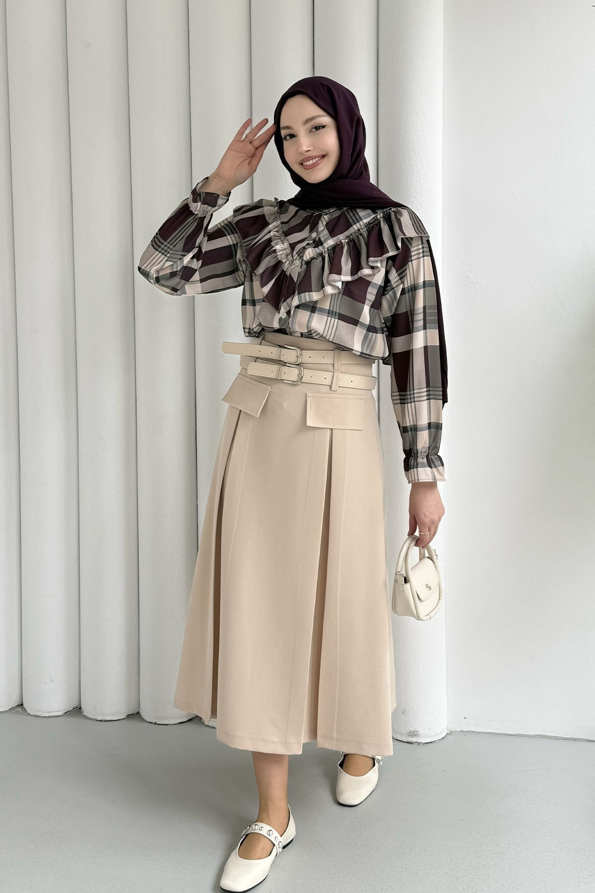 Önü Fırfırlı Desenli Gömlek-BORDO