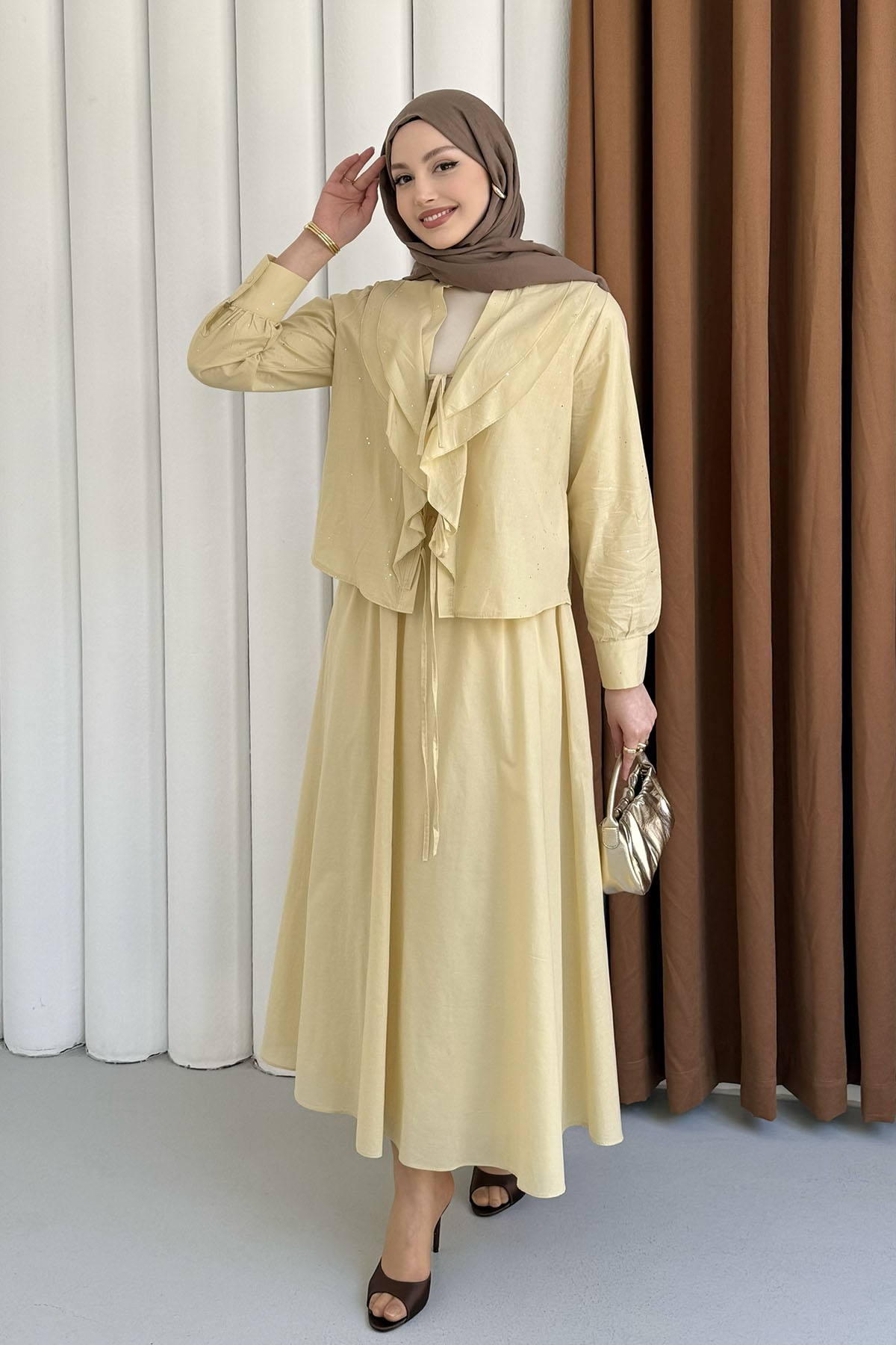 Önü Fırfırlı Taş Süslemeli Etekli Tesettür Takım-SARI