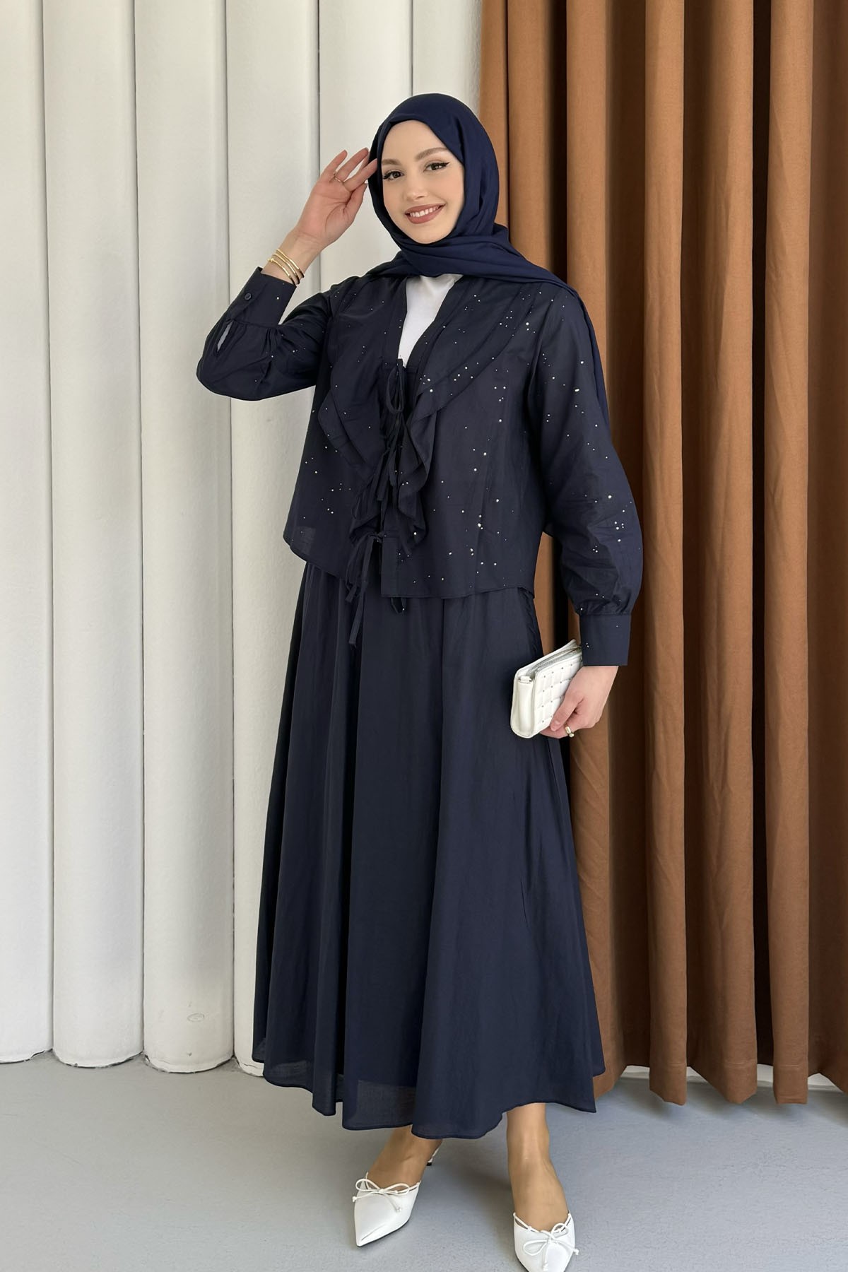 Önü Fırfırlı Taş Süslemeli Etekli Tesettür Takım-LACİVERT