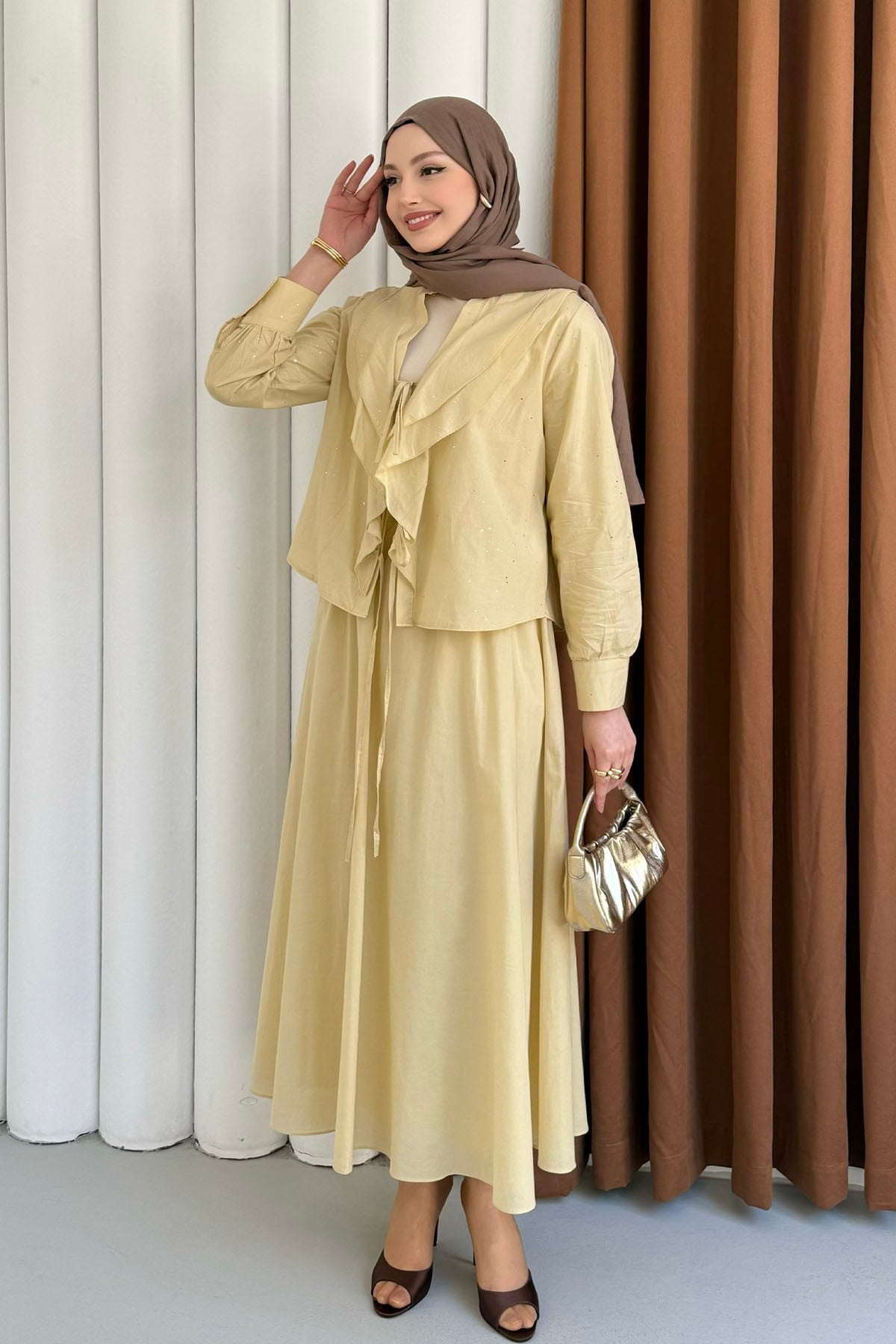 Önü Fırfırlı Taş Süslemeli Etekli Tesettür Takım-SARI