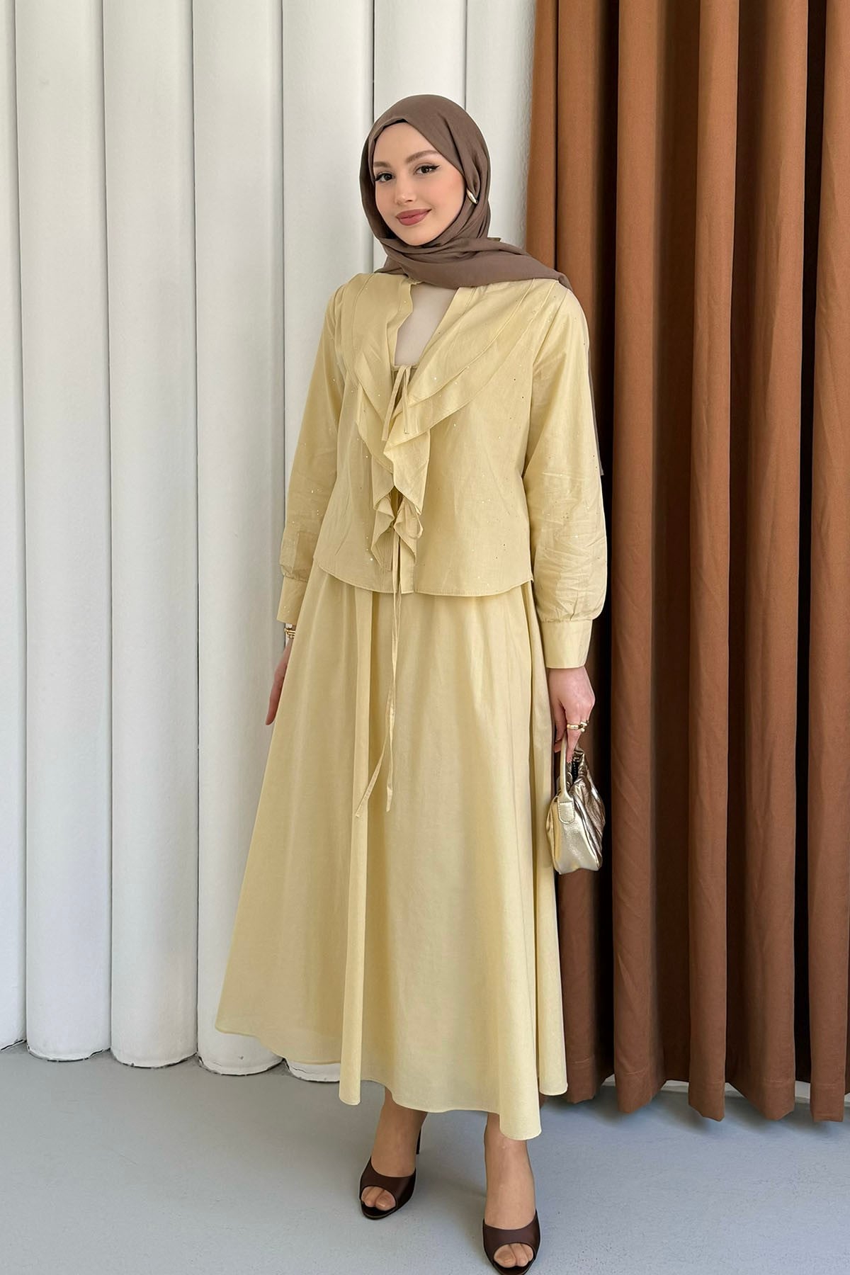 Önü Fırfırlı Taş Süslemeli Etekli Tesettür Takım-SARI