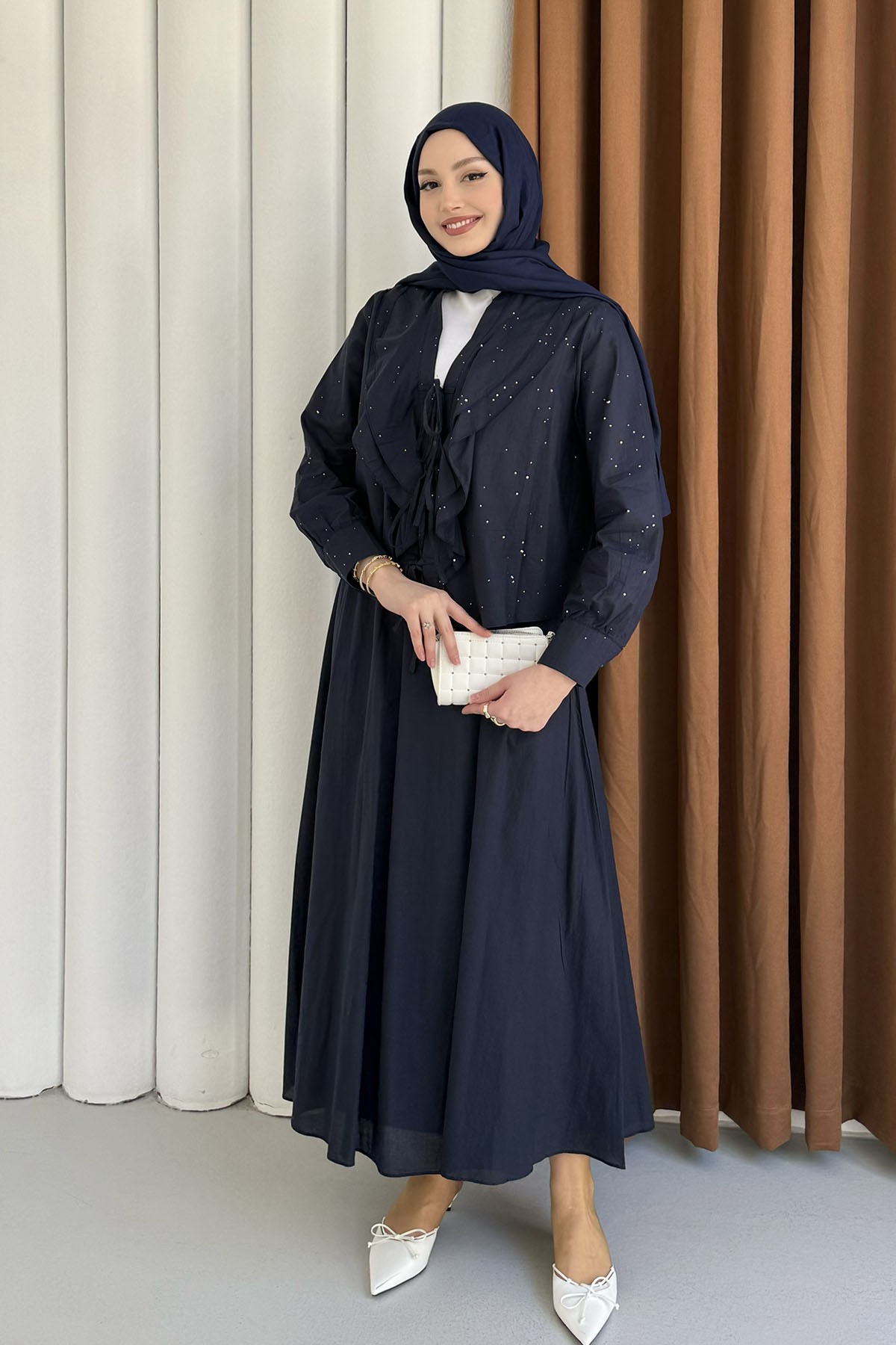 Önü Fırfırlı Taş Süslemeli Etekli Tesettür Takım-LACİVERT